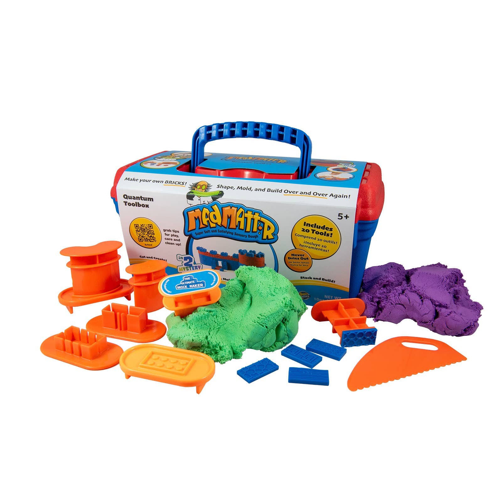 Play-doh set with tools and packaging on a white background