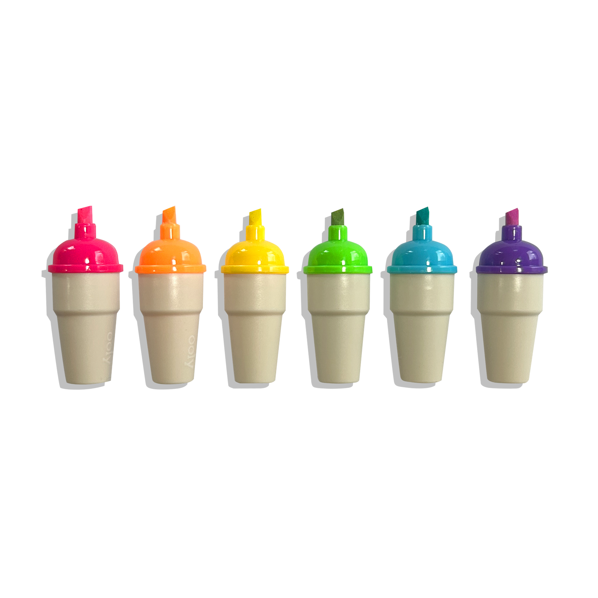 Set of six ice cream cone-shaped markers with colorful tops on a white background