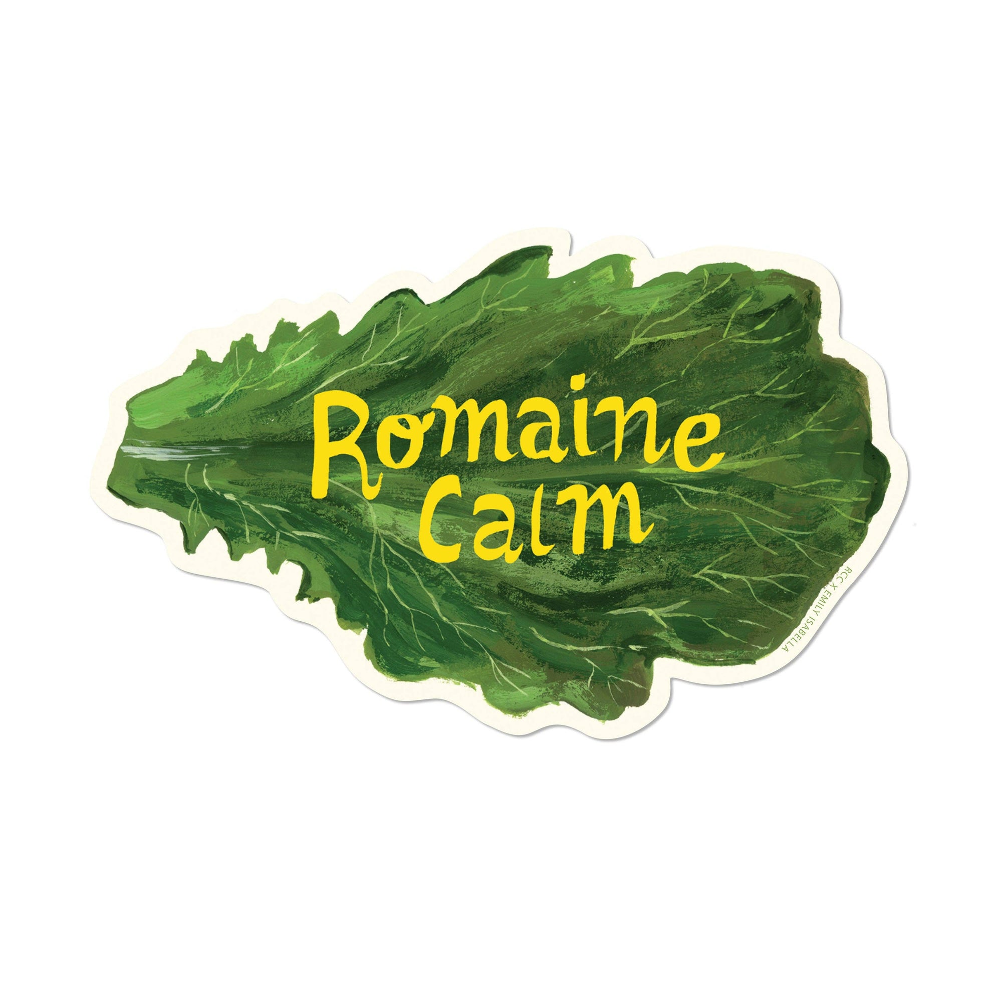 Green leaf with 'Romaine Calm' text on a white background