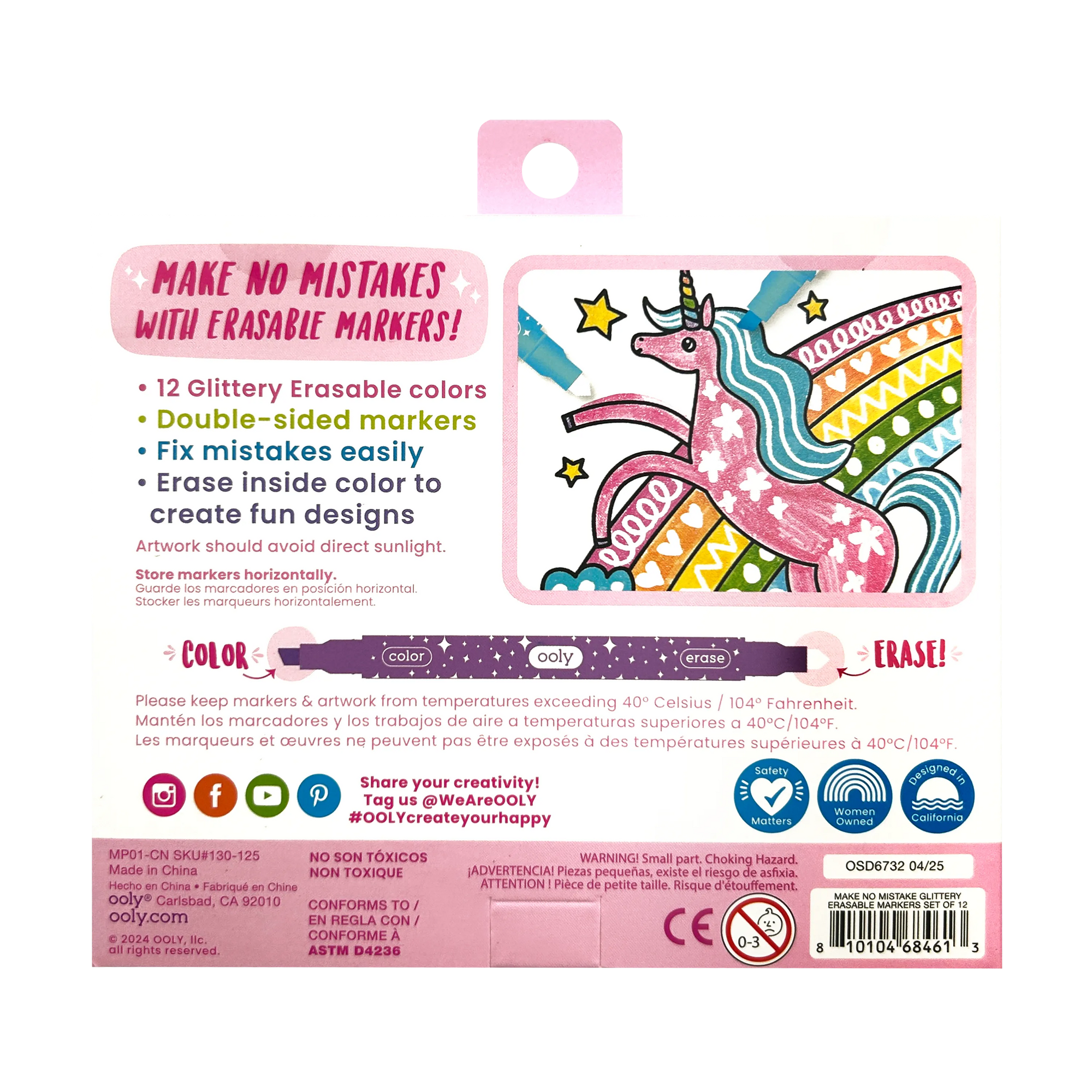 Back of a marker packaging with a unicorn design and erasable markers information.