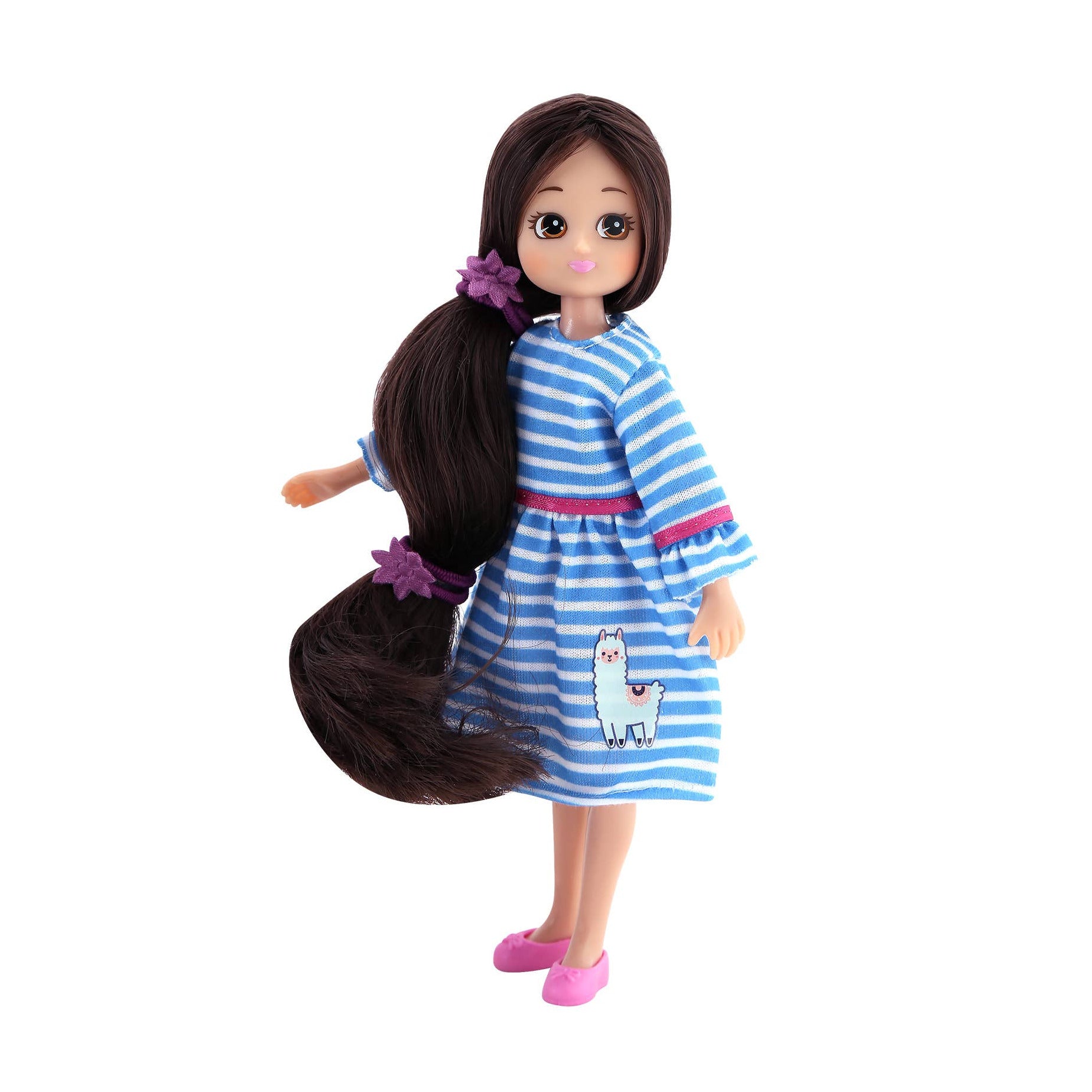 Doll with long brown hair wearing a blue and white striped dress on a white background