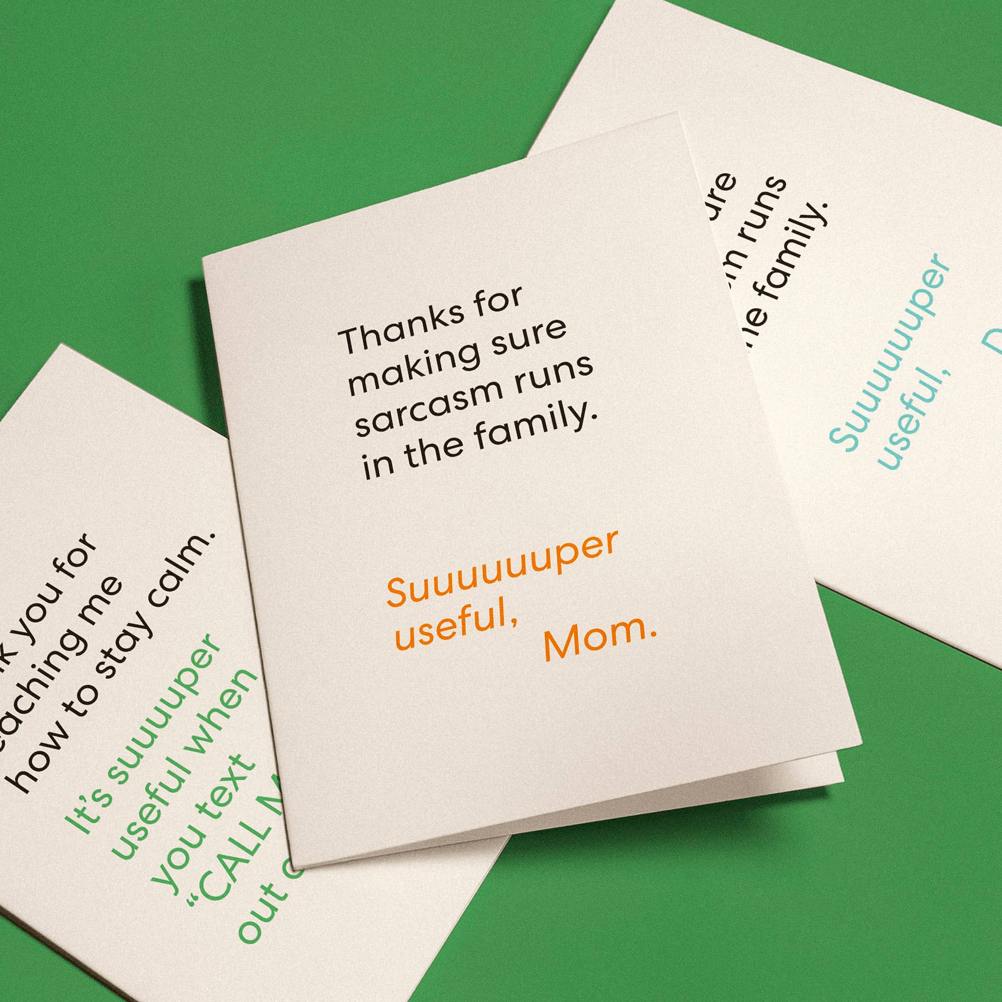 Three greeting cards with humorous text on a green background