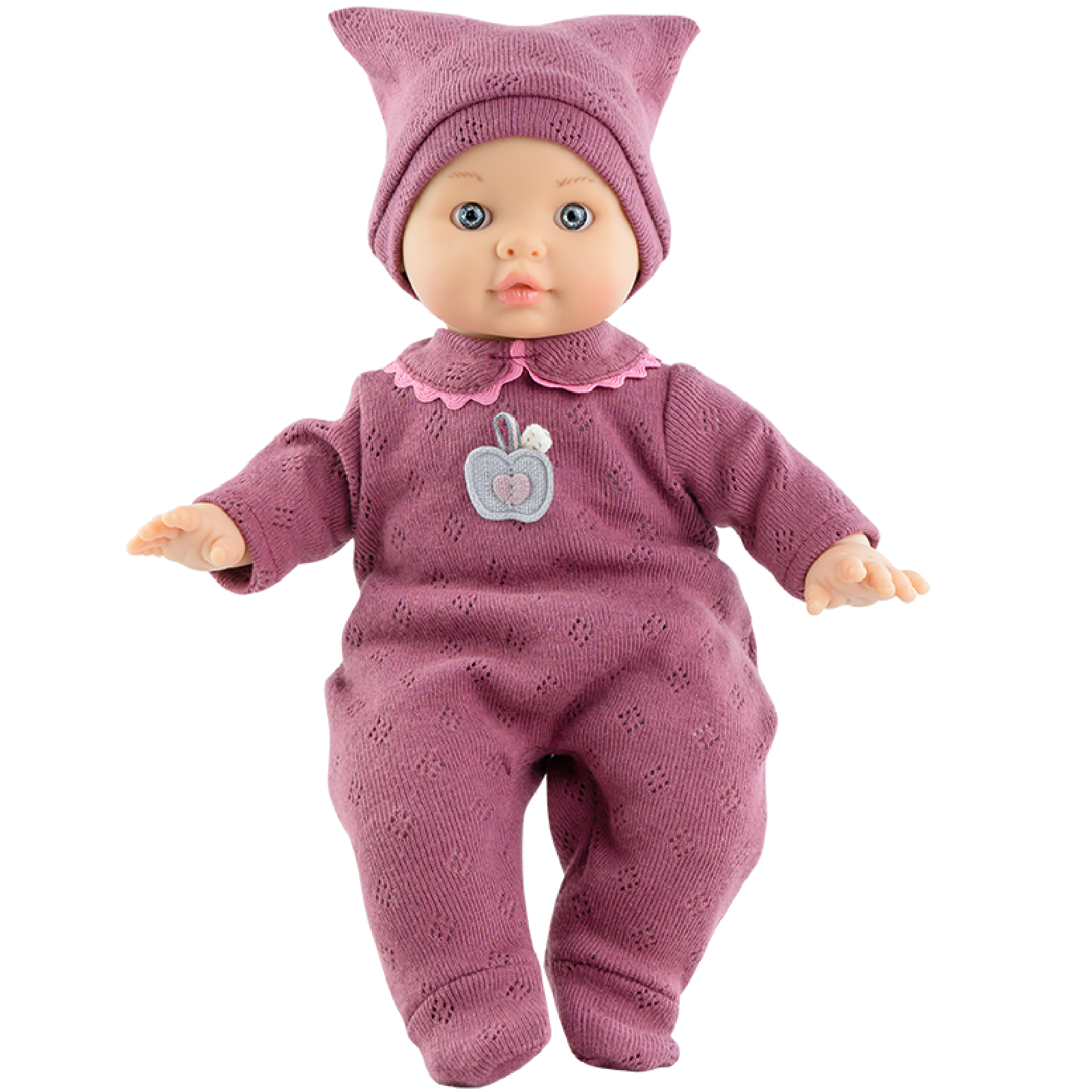 Baby doll in a pink outfit with a matching hat on a white background