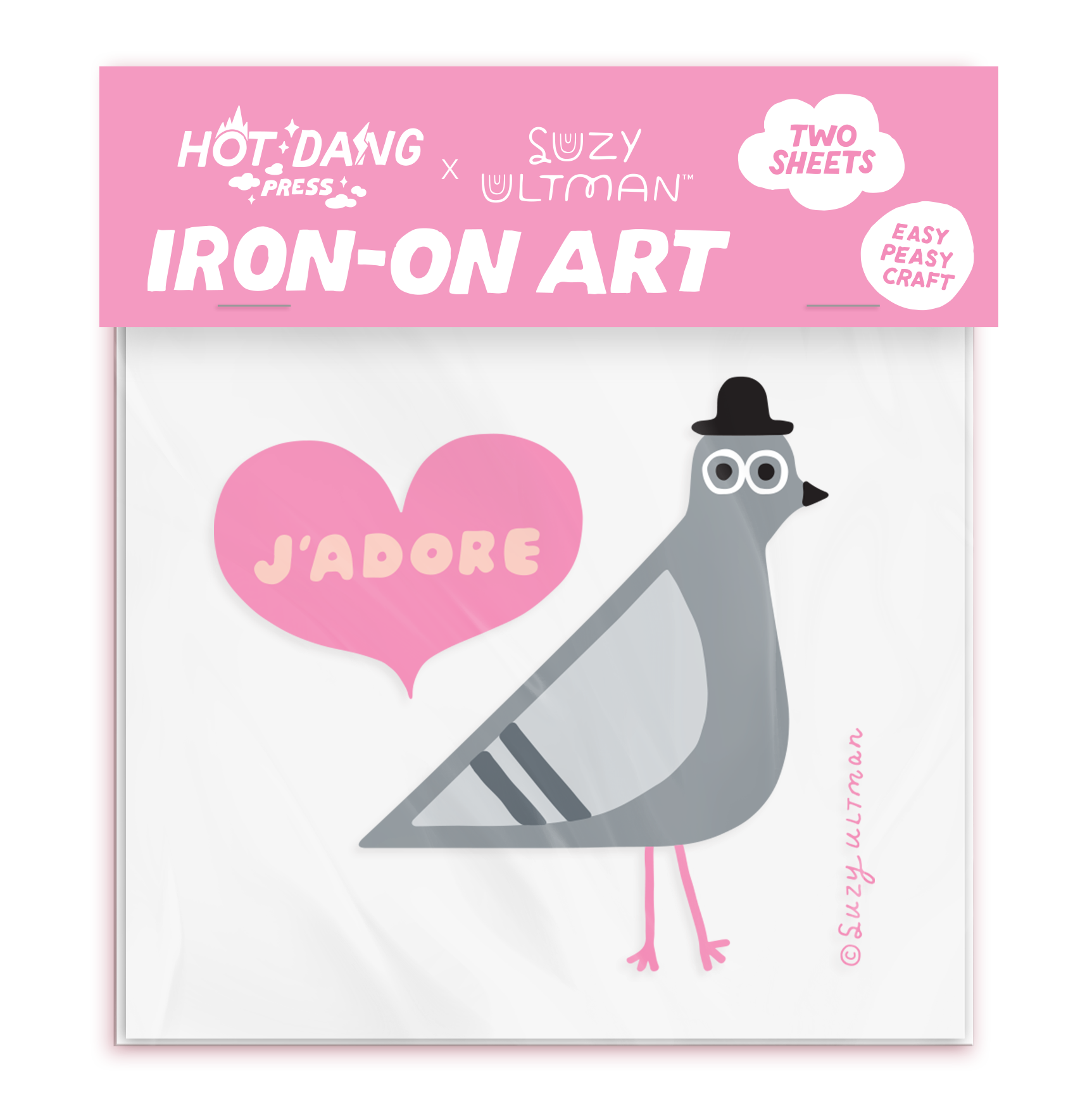 Iron-on art package with pigeon and heart design on pink background