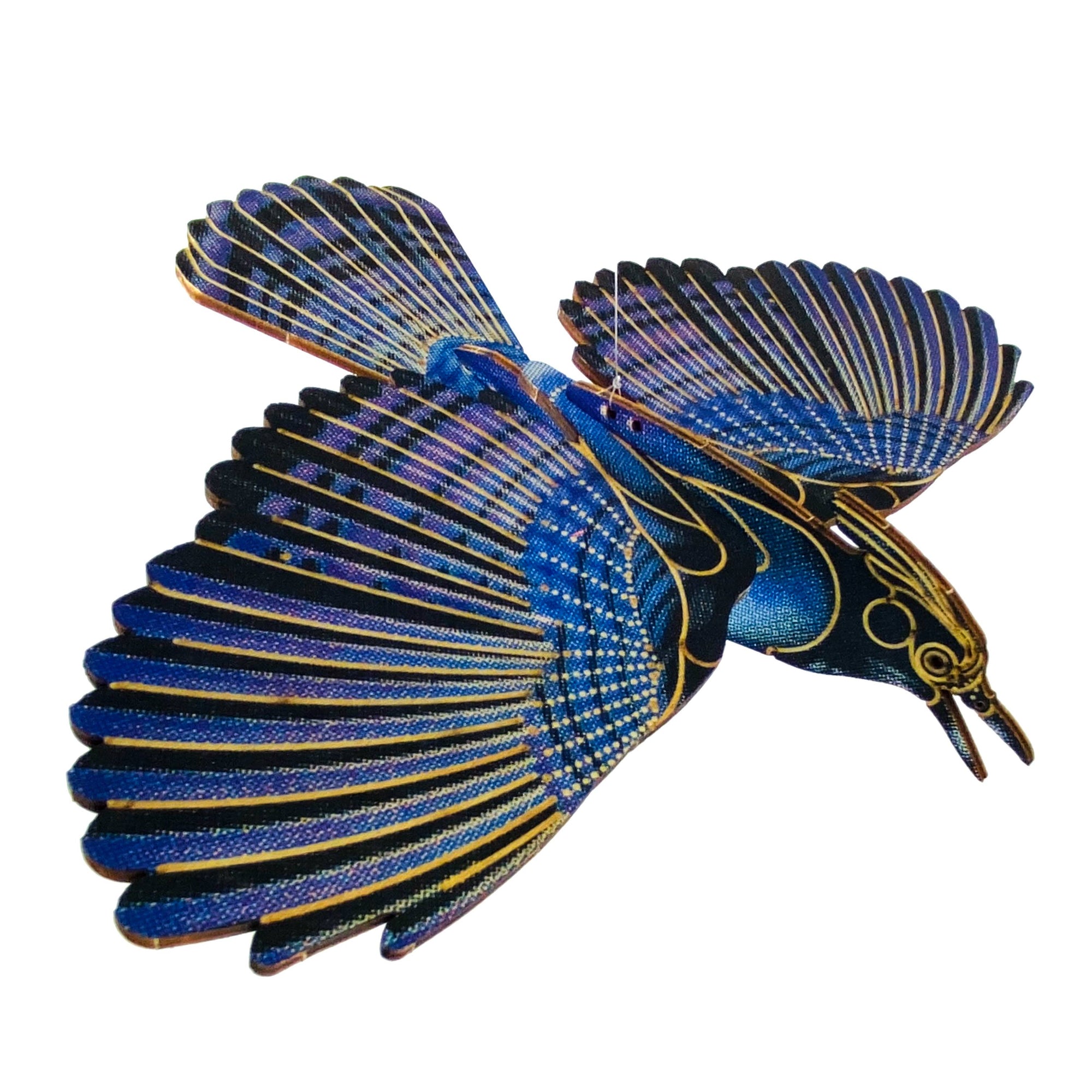 Decorative bird figurine with blue and gold details on a white background