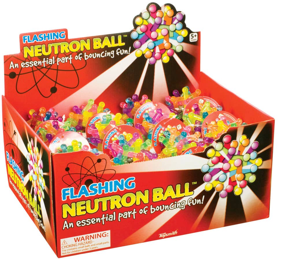 Box of Flashing Neutron Balls with colorful balls and red packaging.