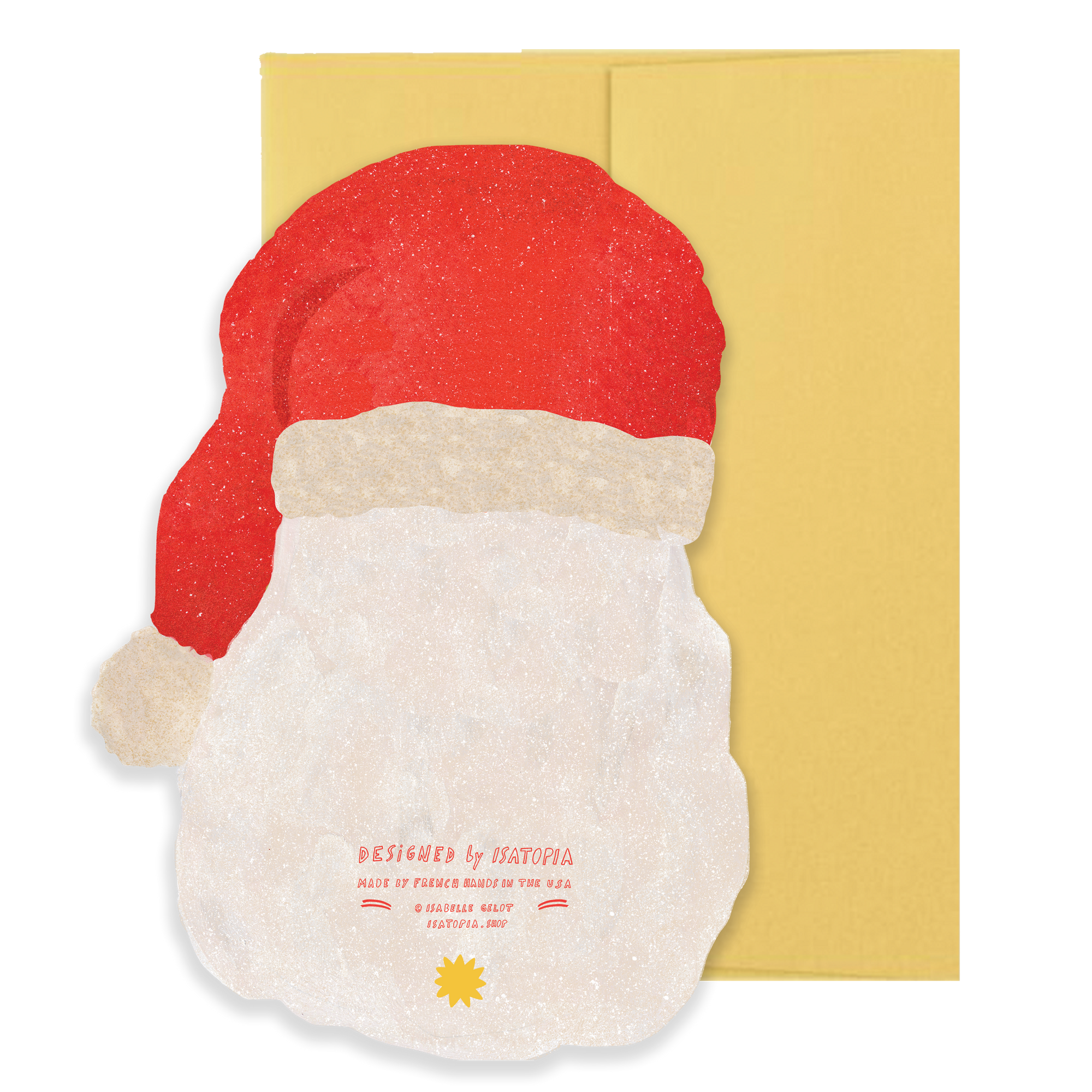 Gnome-shaped product with red hat and white beard on a yellow background