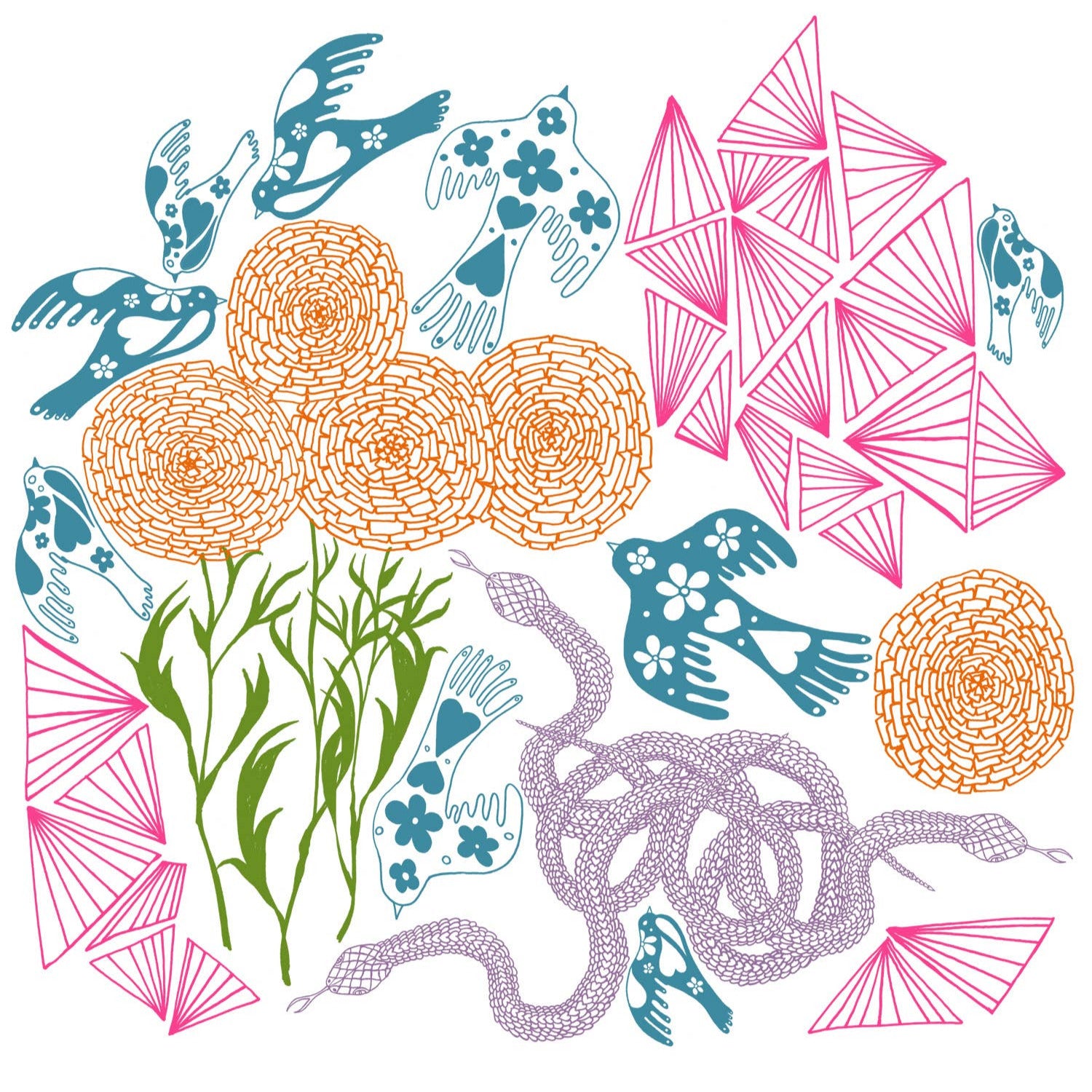 Colorful abstract patterns of birds, flowers, and geometric shapes on a white background
