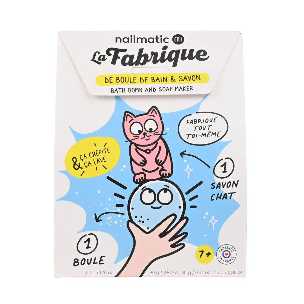 Packaging of a bath bomb and soap maker with a cat design on a white background