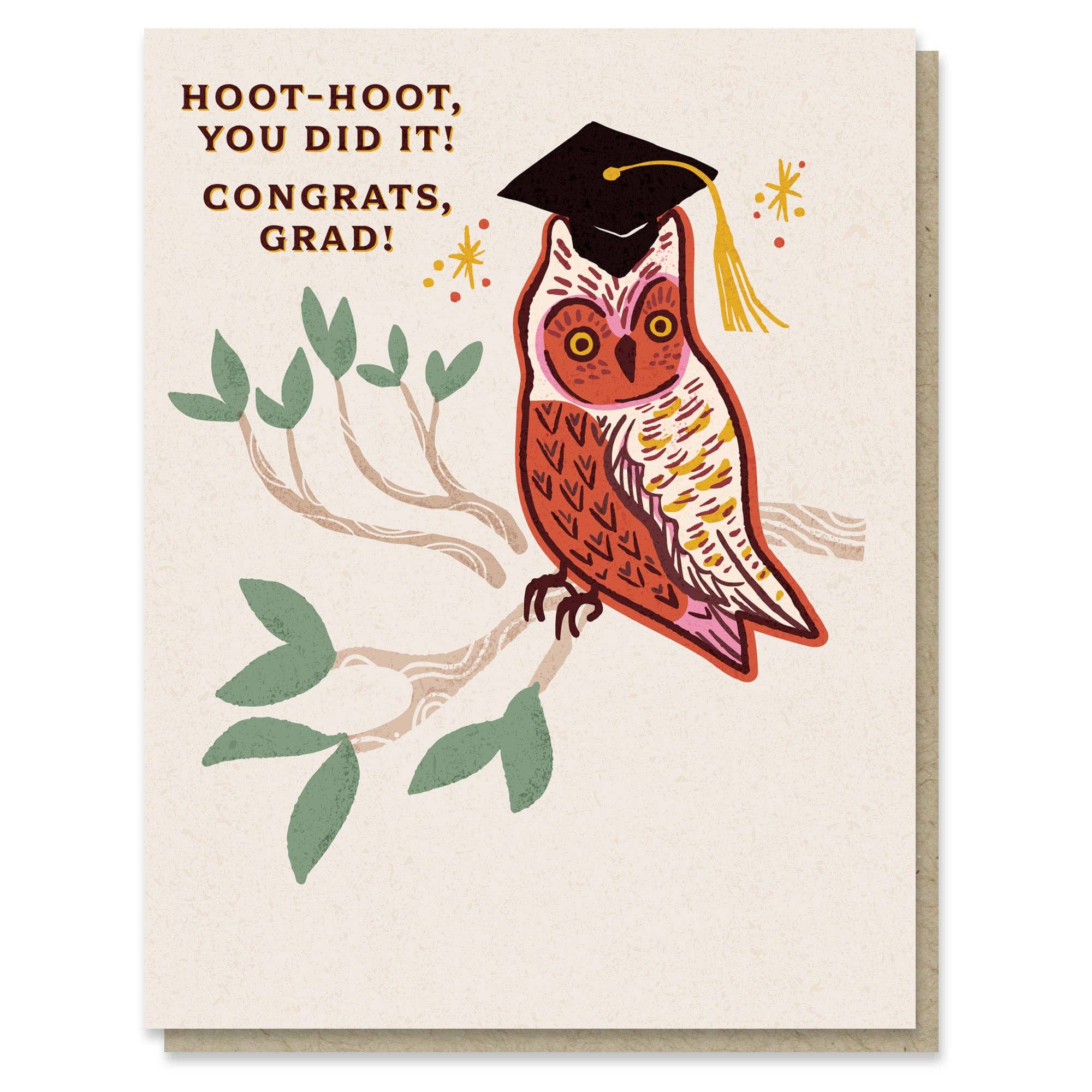 Graduation card with an owl wearing a cap and tassel on a branch.