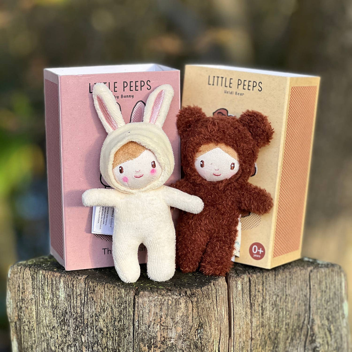 Two plush toys, one white rabbit and one brown bear, in front of their packaging on a wooden surface.