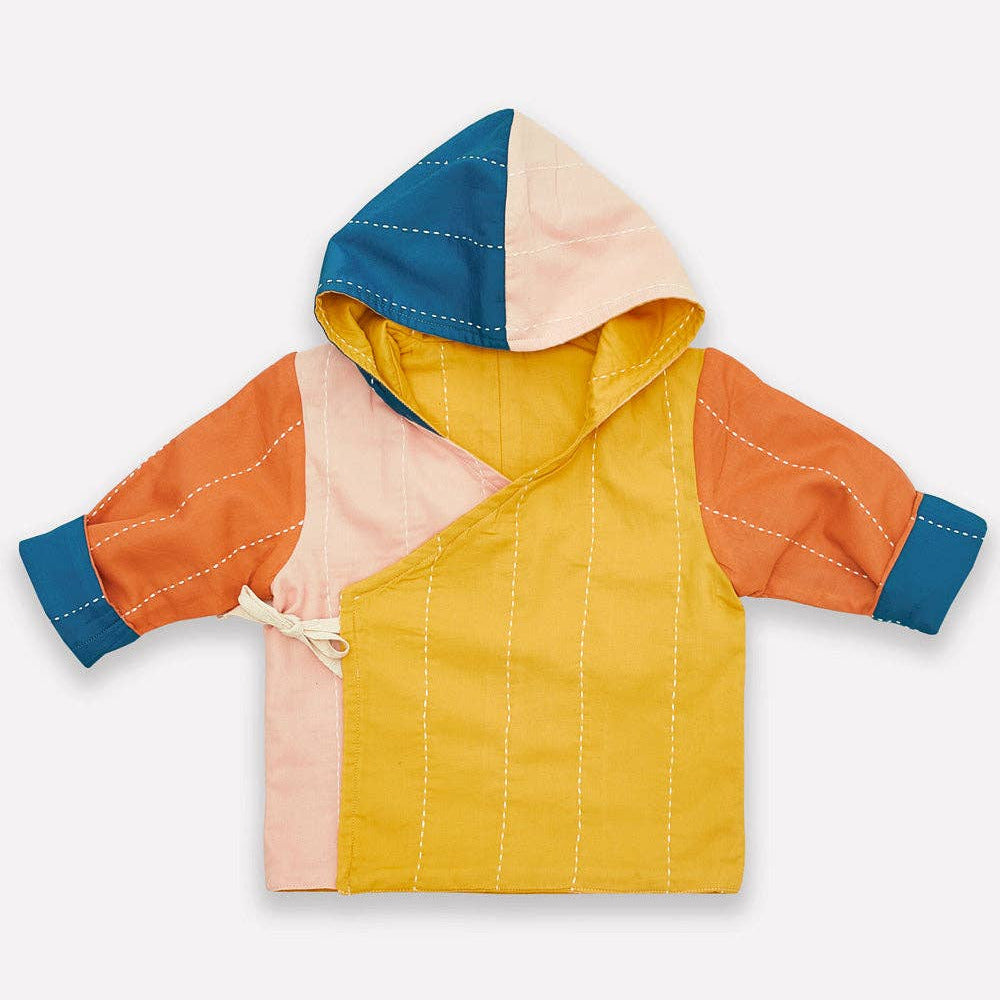 Color-blocked hooded jacket with orange, yellow, and blue sections on a white background