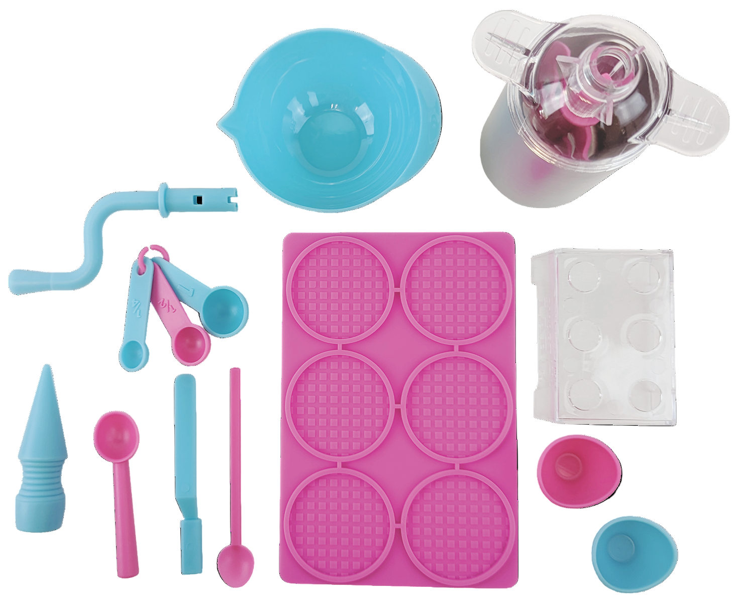 Collection of kitchen tools including a pink silicone mold, measuring cups, and other utensils on a white background.
