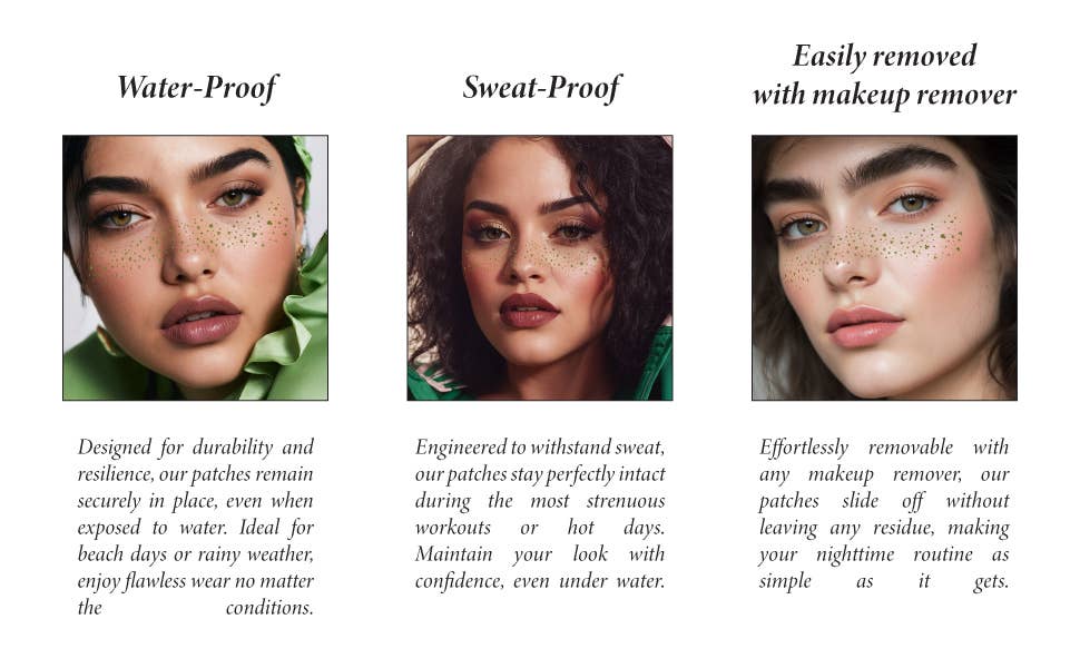 Three women with makeup patches on their faces, labeled for water-proof, sweat-proof, and easy removal properties.