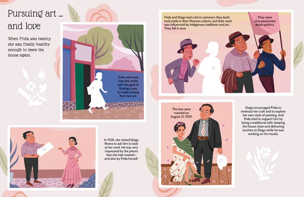 Illustrated book page about art and love featuring characters in a historical context.