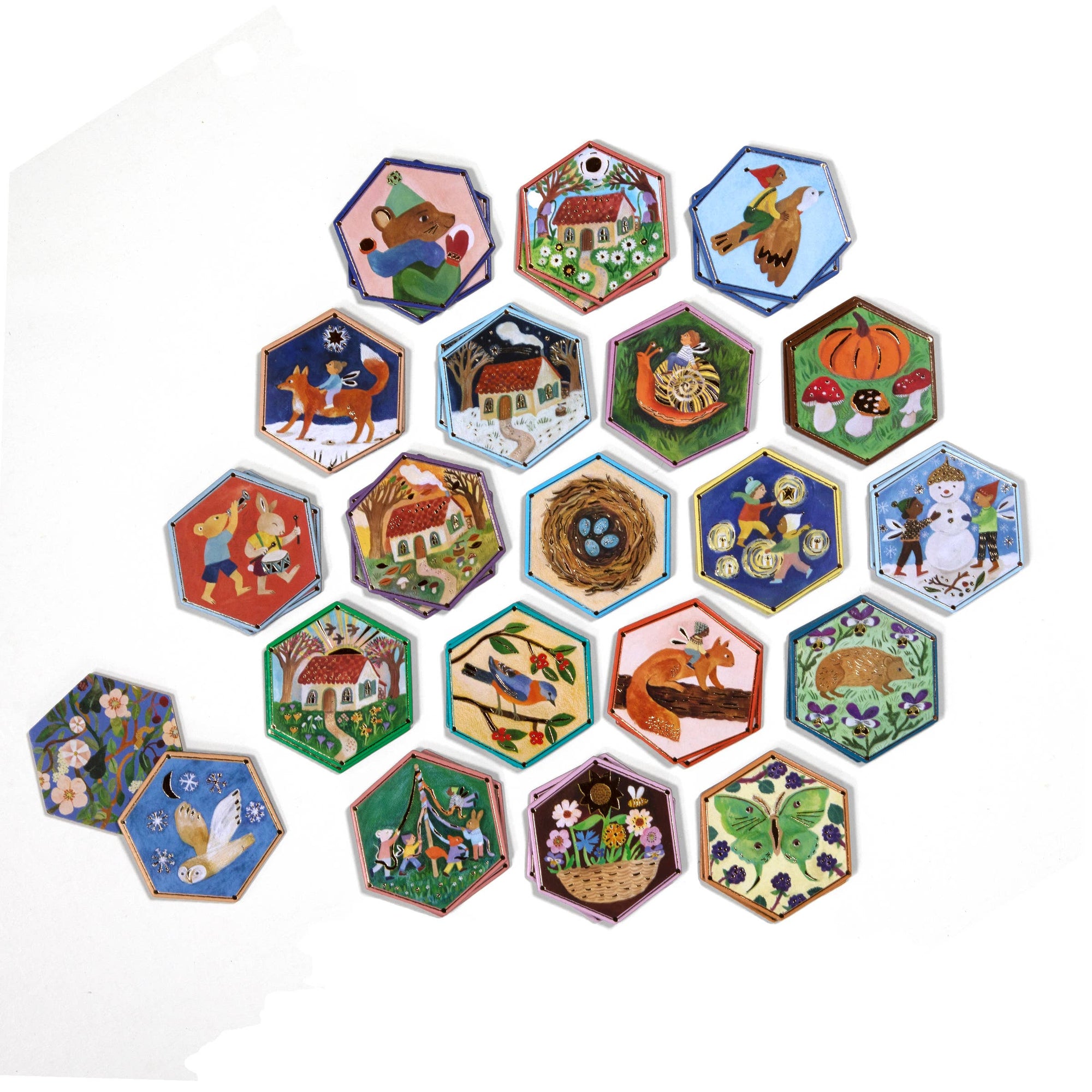 Set of colorful hexagonal animal stickers on a white background