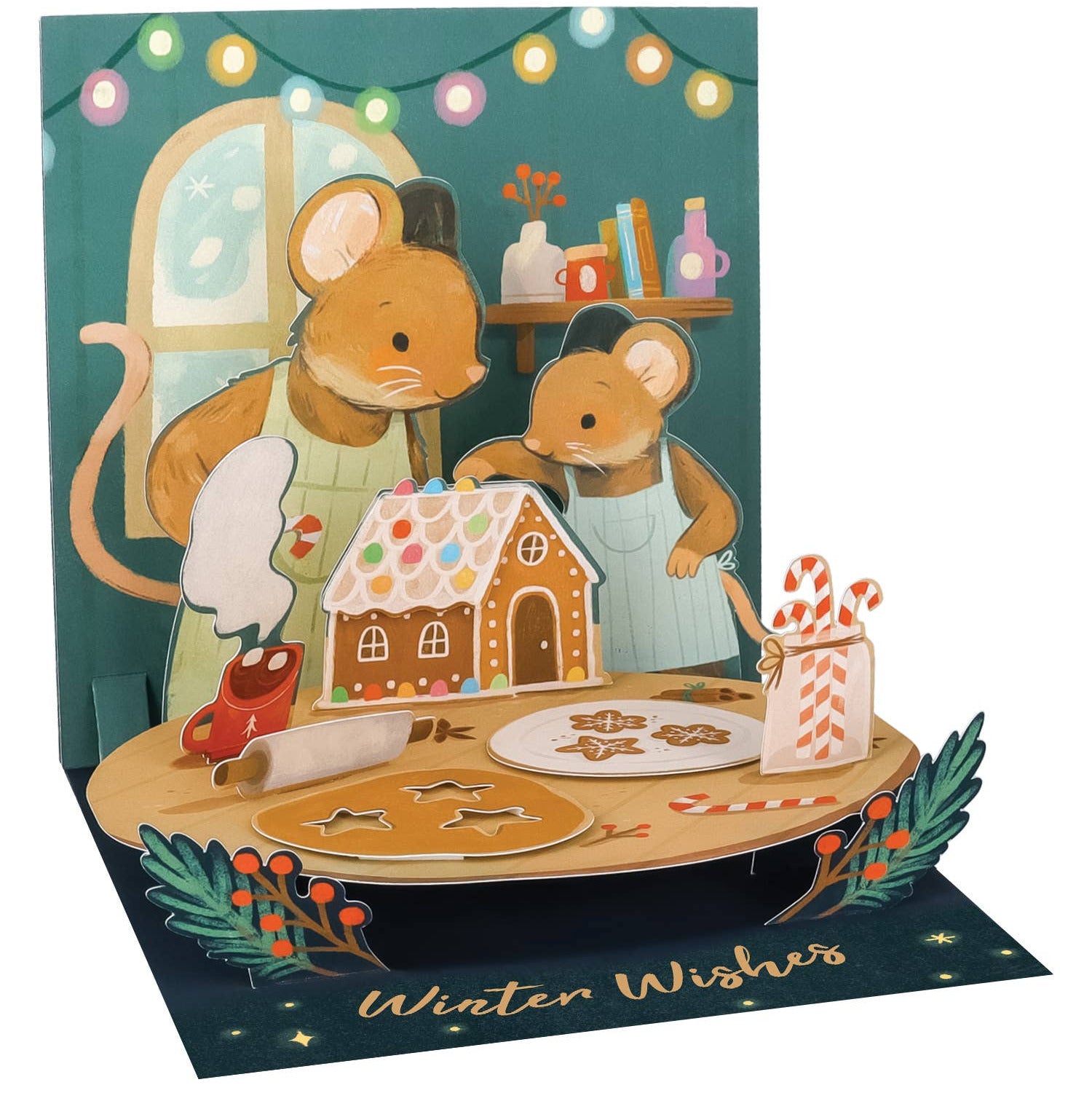 Pop-up card with mice making a gingerbread house and candy canes, featuring 'Winter Wishes' text.