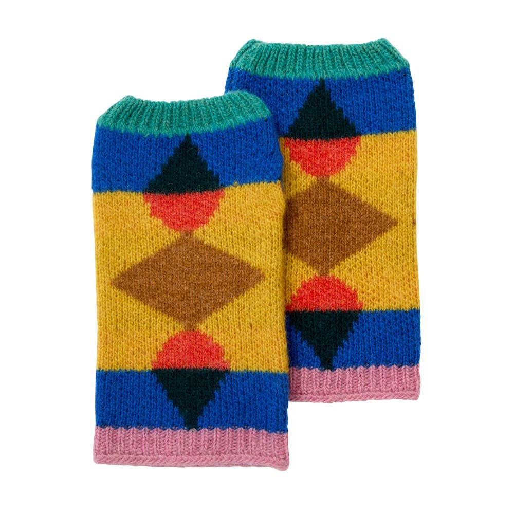 Colorful knitted wrist warmers with geometric pattern on a white background