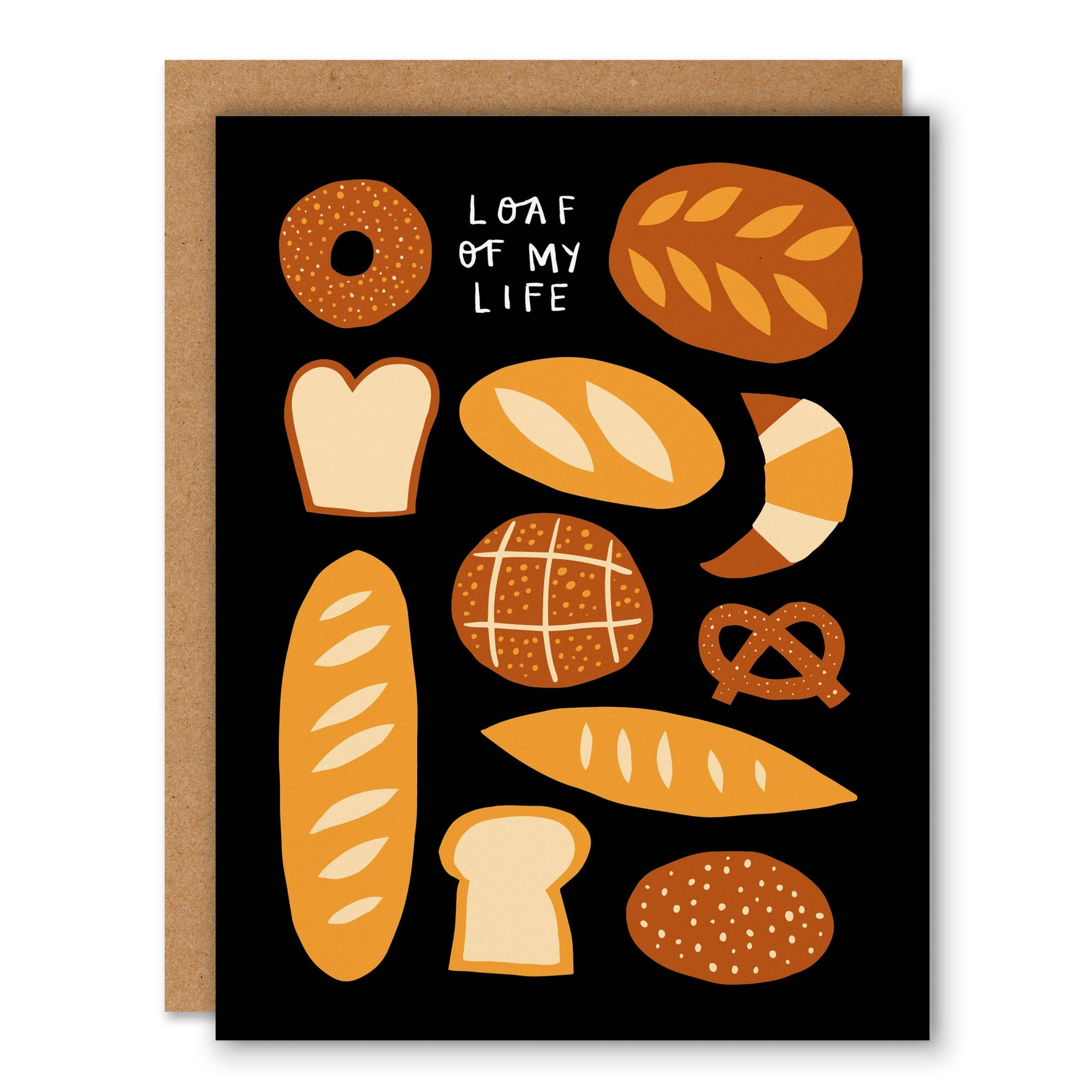 Greeting card with illustrations of various bread types on a black background