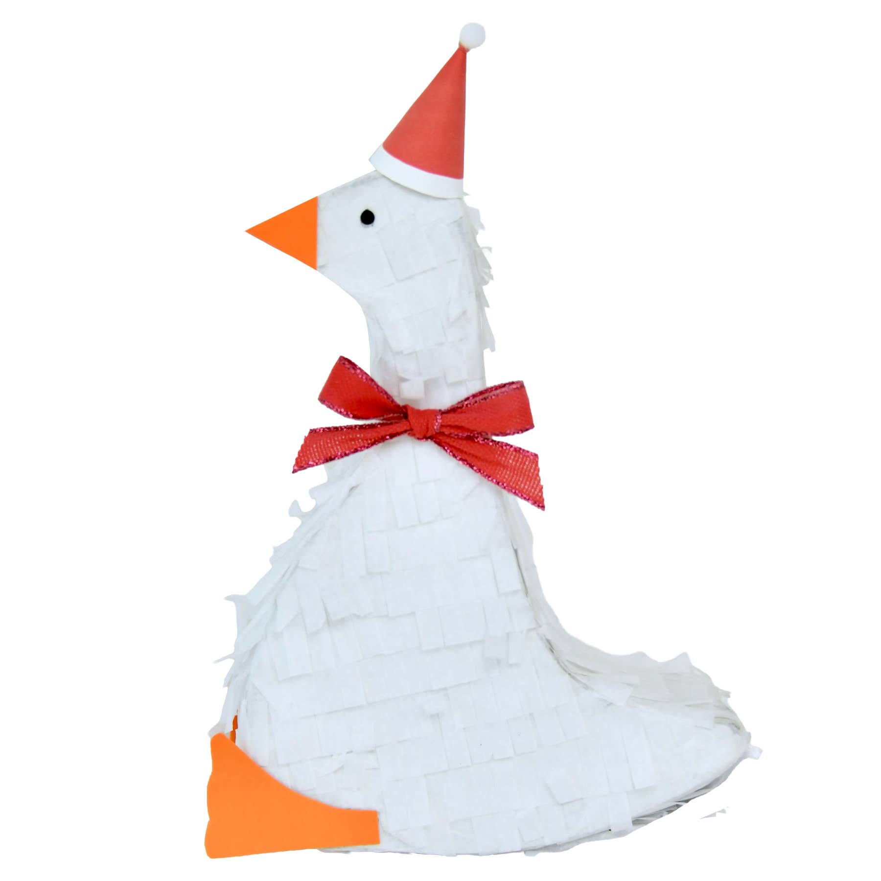 A white paper pinata shaped like a goose wearing a red party hat and red ribbon bow, with orange beak and foot, on a white background.