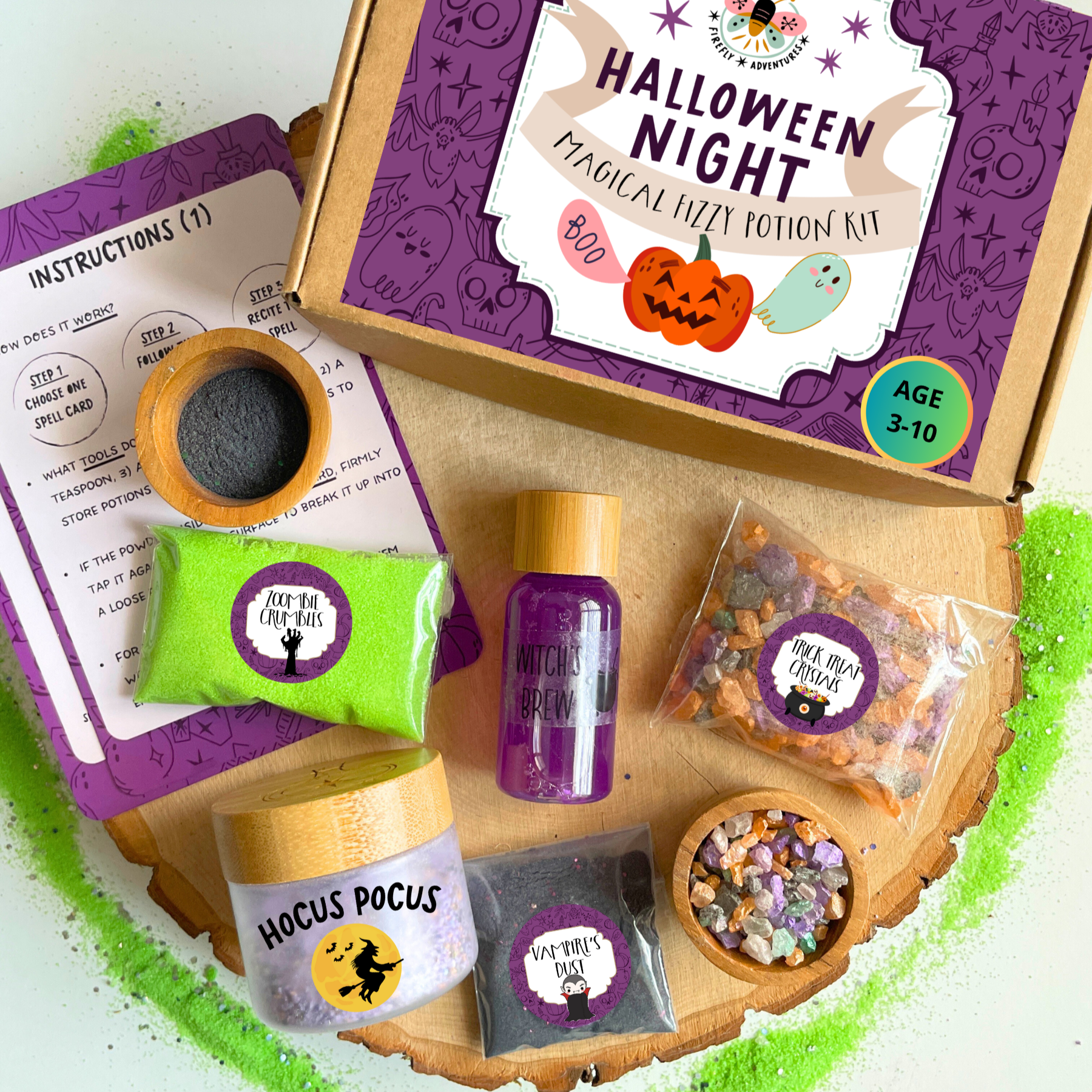 Halloween-themed magical fizzing potion kit with ingredients and packaging on a white background