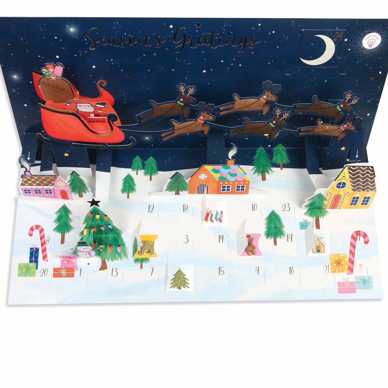 Pop-up card with Santa Claus in sleigh and reindeer over a snowy village scene.