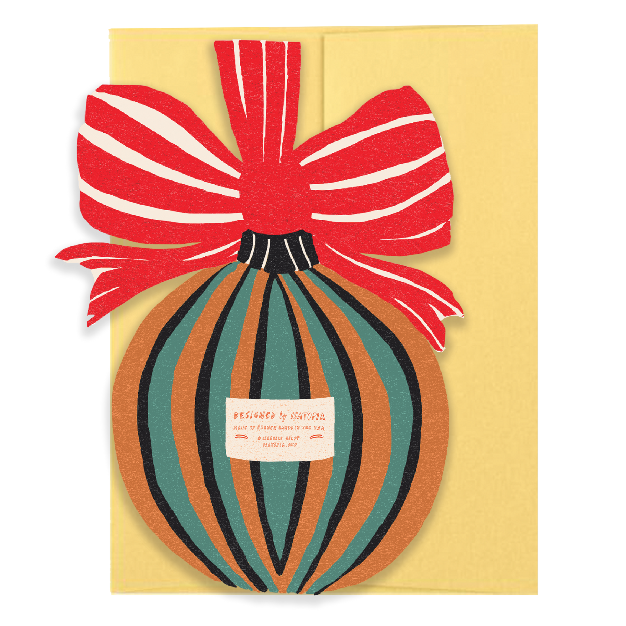 Decorative card with a striped ornament and red bow on a yellow background