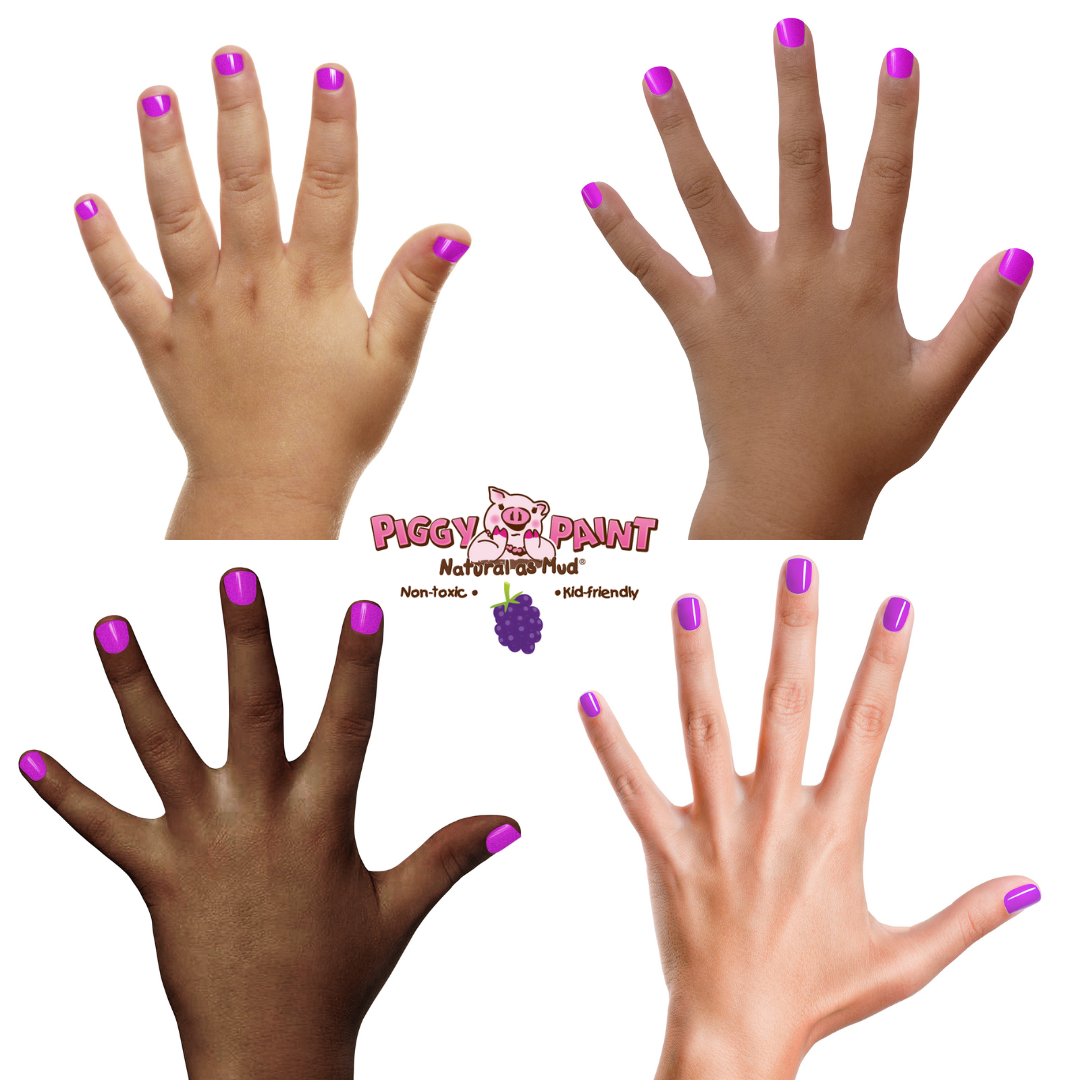 Four hands with purple nail polish on a white background, featuring the Piggy Paint brand.