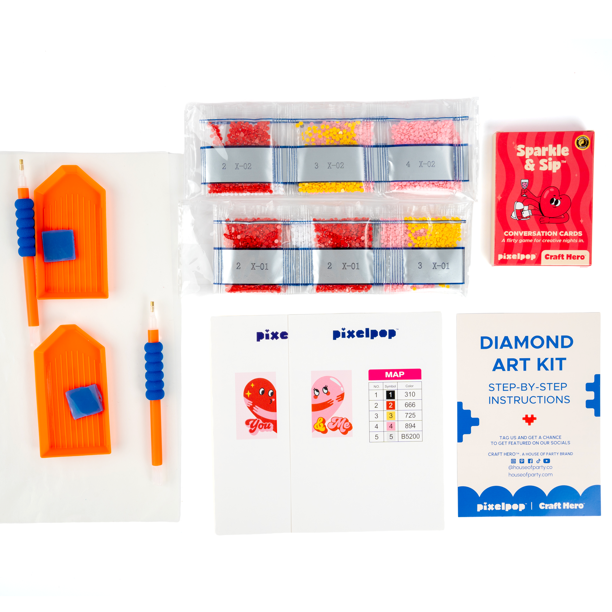 Diamond art kit with tools and instructions on a white background
