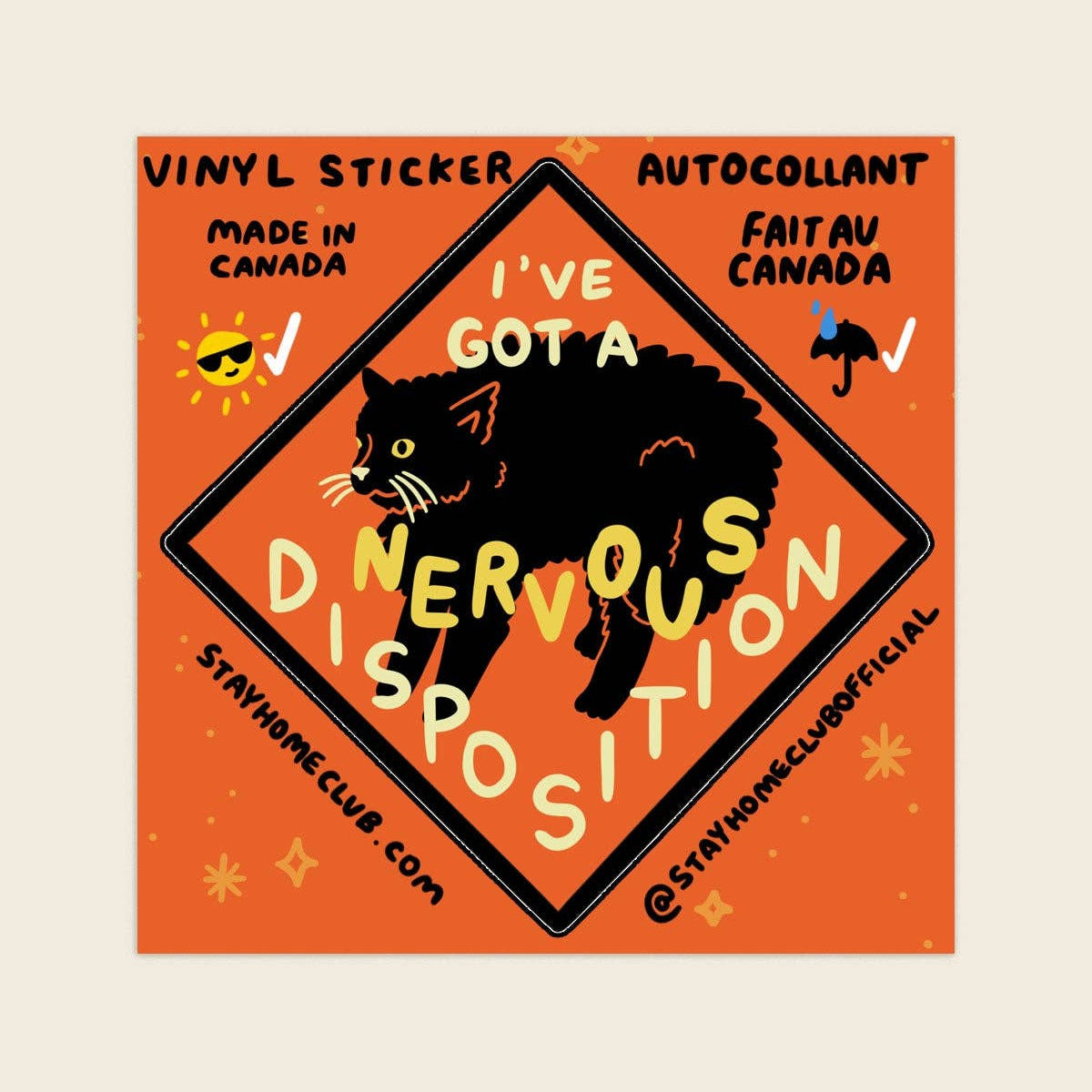 Vinyl sticker with bear design and text on an orange background