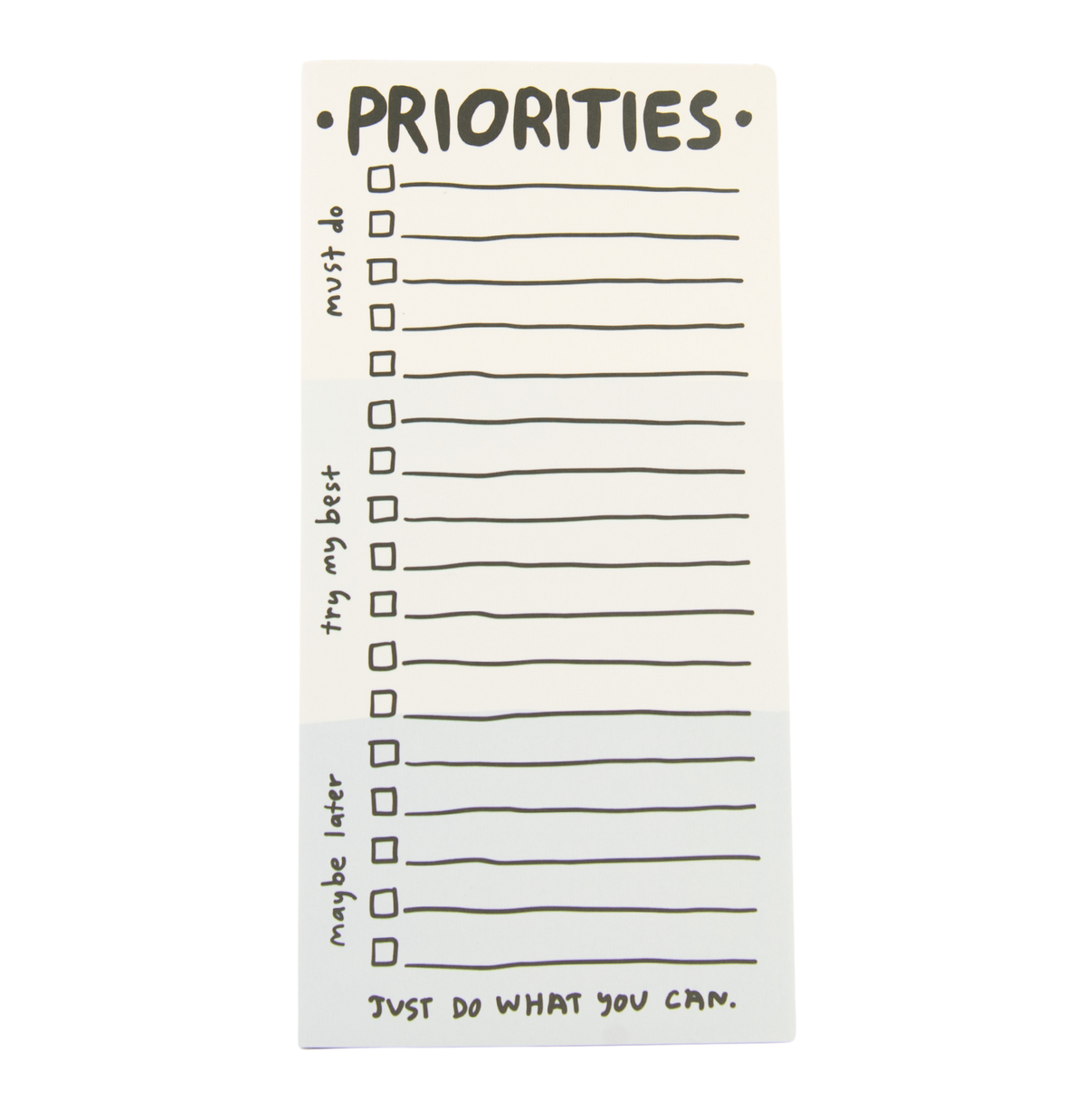 Notepad with 'Priorities' checklist on a white background
