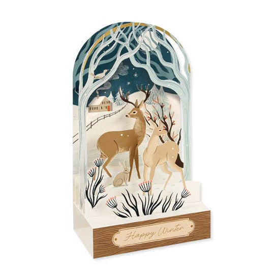 Decorative lamp with deer design and 'Happy Winter' text on a white background