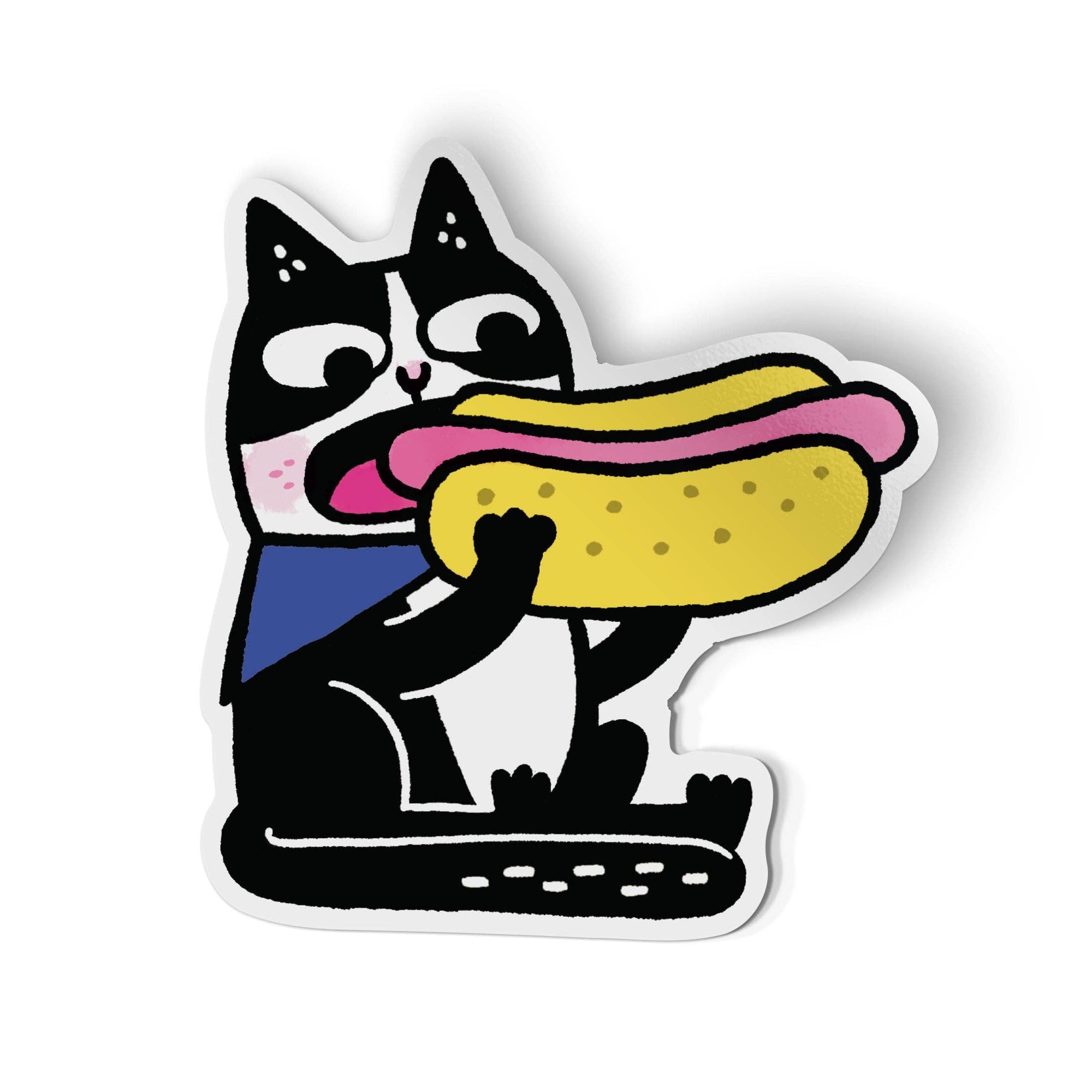 Sticker of a cat holding a hot dog on a white background