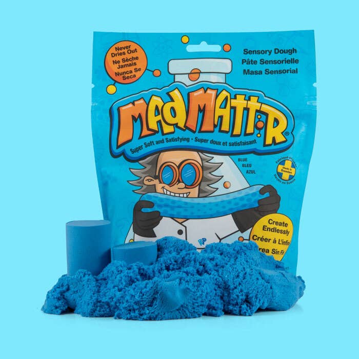 Blue sensory dough with 'Mad Mattr' packaging on a blue background