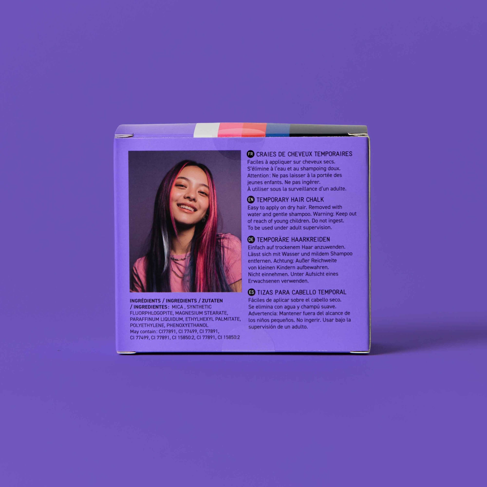 Purple box with a woman's face on it against a purple background