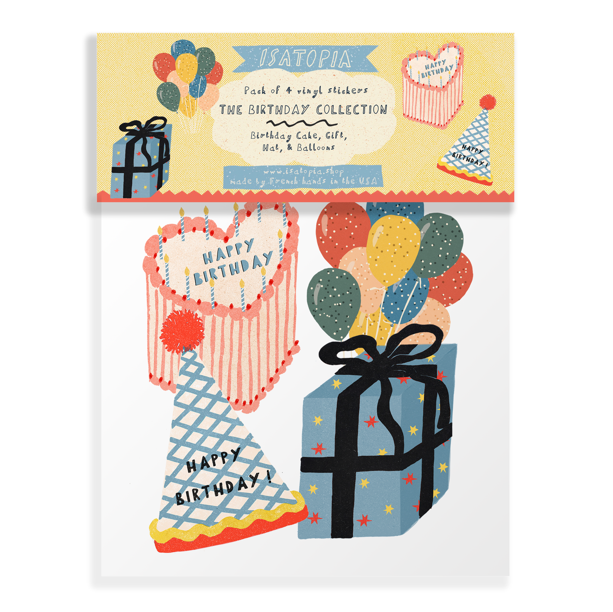 Pack of birthday-themed vinyl stickers with colorful graphics on a white background