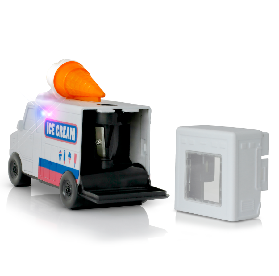 Toy ice cream truck with an attached ice cream cone and a separate ice cream container on a white background.