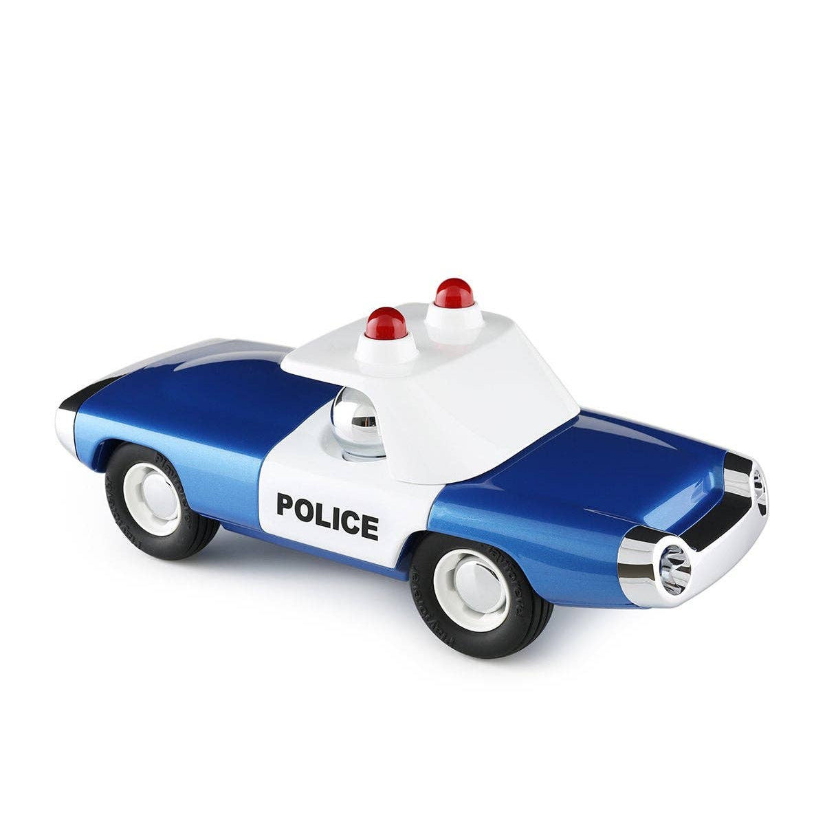 Toy police car with blue and white colors on a white background