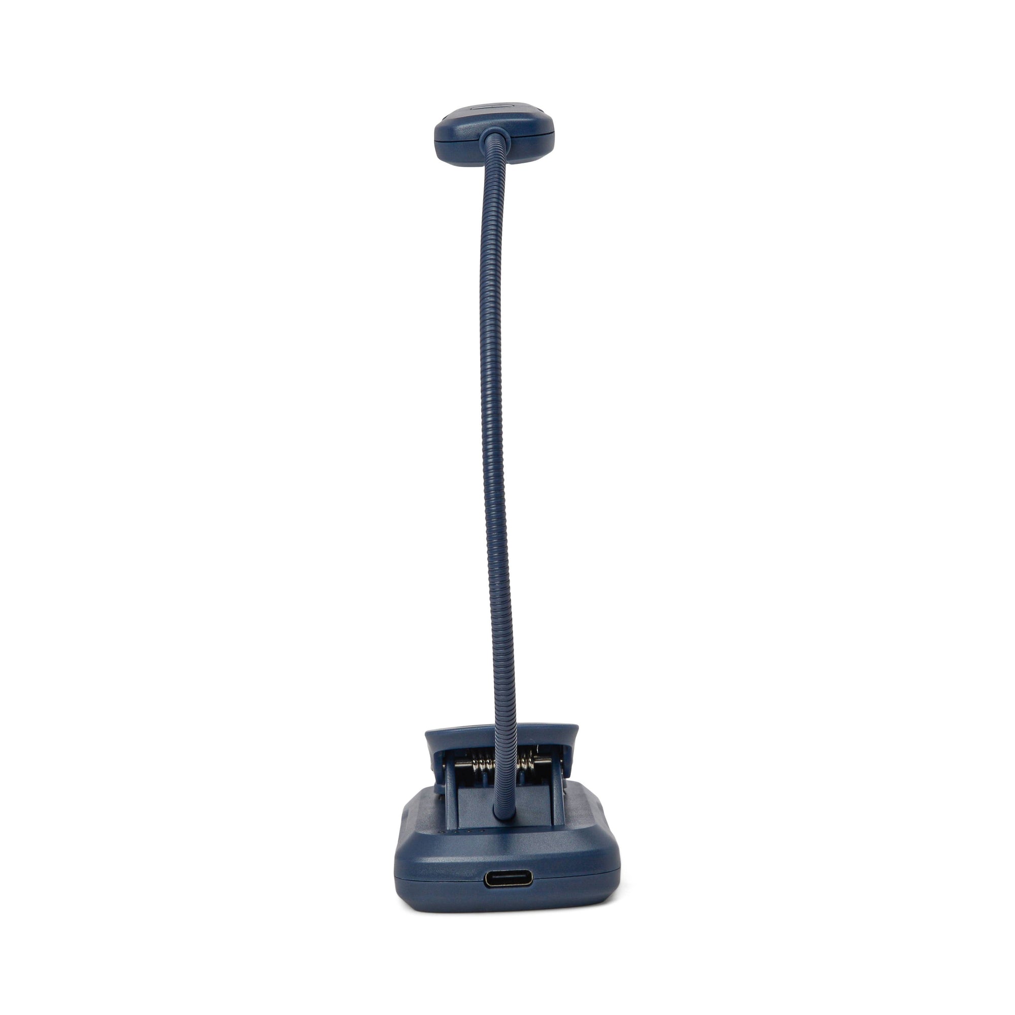 Blue desk lamp with flexible neck on a white background