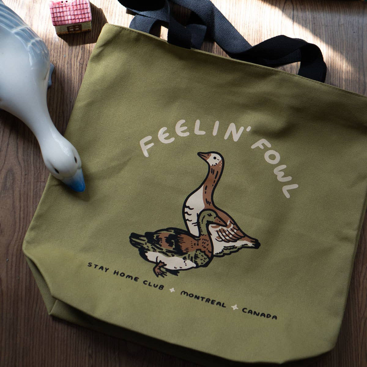 Green bag with a duck illustration and text on a wooden surface with books in the background