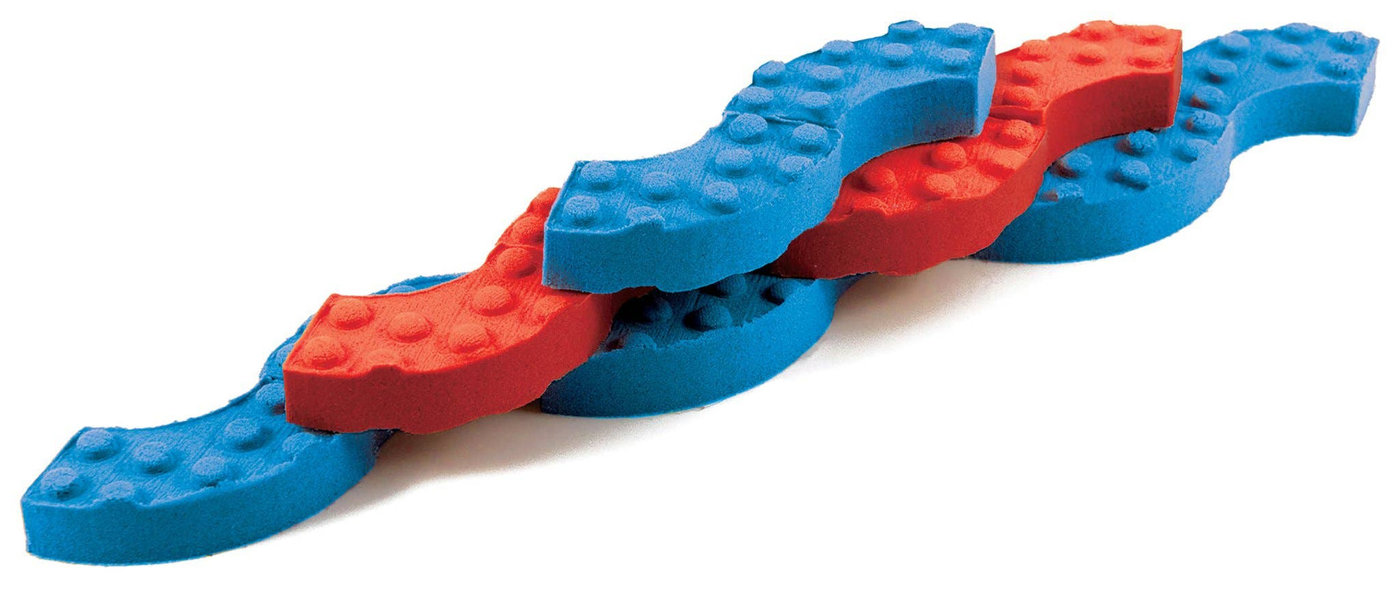 Blue and red toy snake made of interlocking bricks on a white background