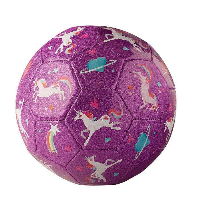 Purple soccer ball with unicorn patterns on a white background