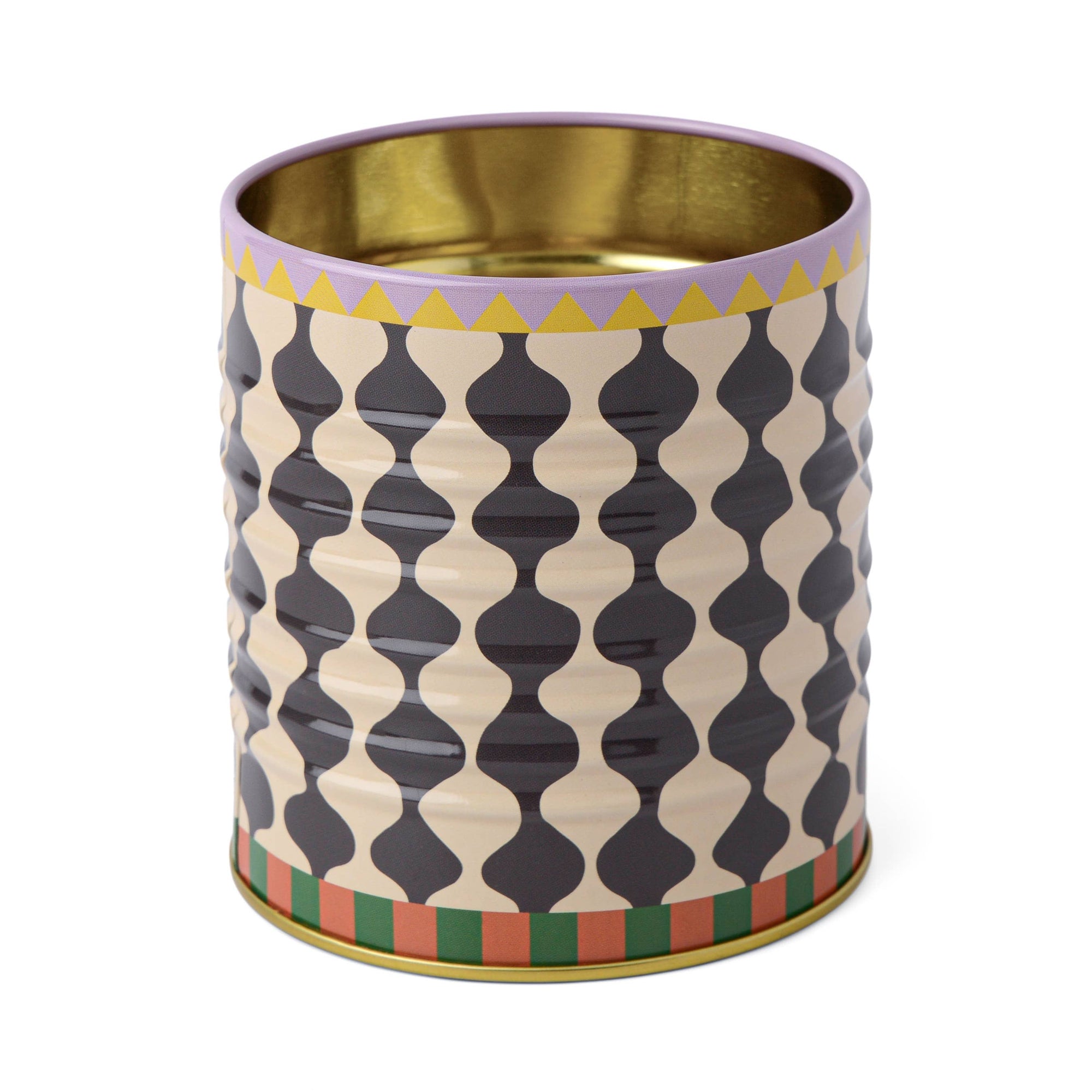 Decorative cylindrical container with geometric pattern and gold accents on a white background
