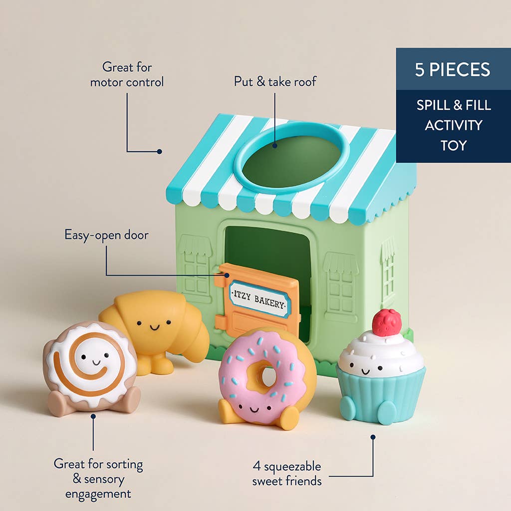 Toy set with a bakery-themed house and four sweet-themed figures on a beige background.