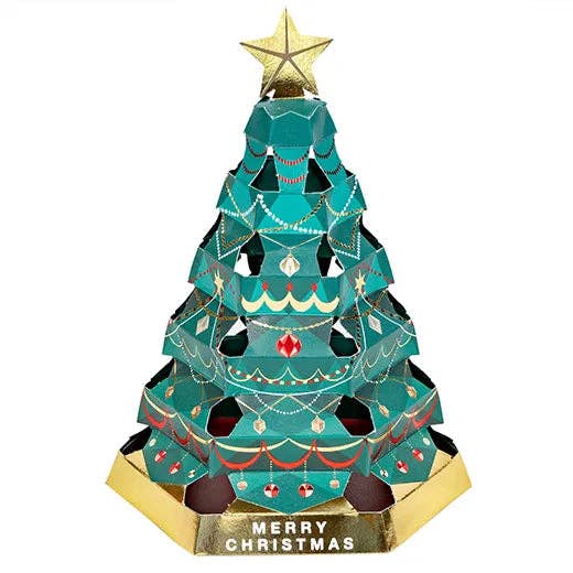 Decorative Christmas tree with gold star on top and 'Merry Christmas' text at the base.