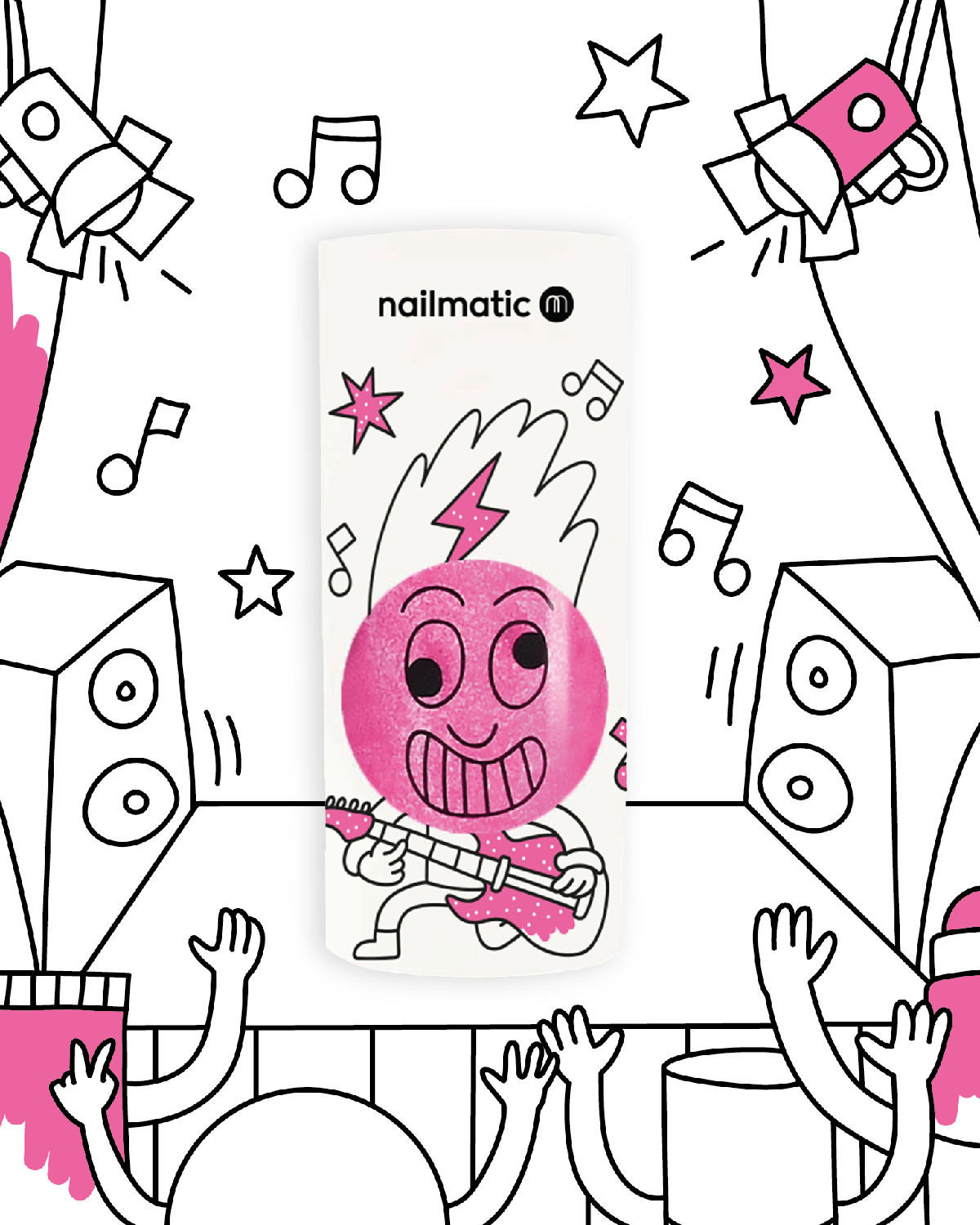 Phone case with a pink character design on a white background, surrounded by black and white illustrations.