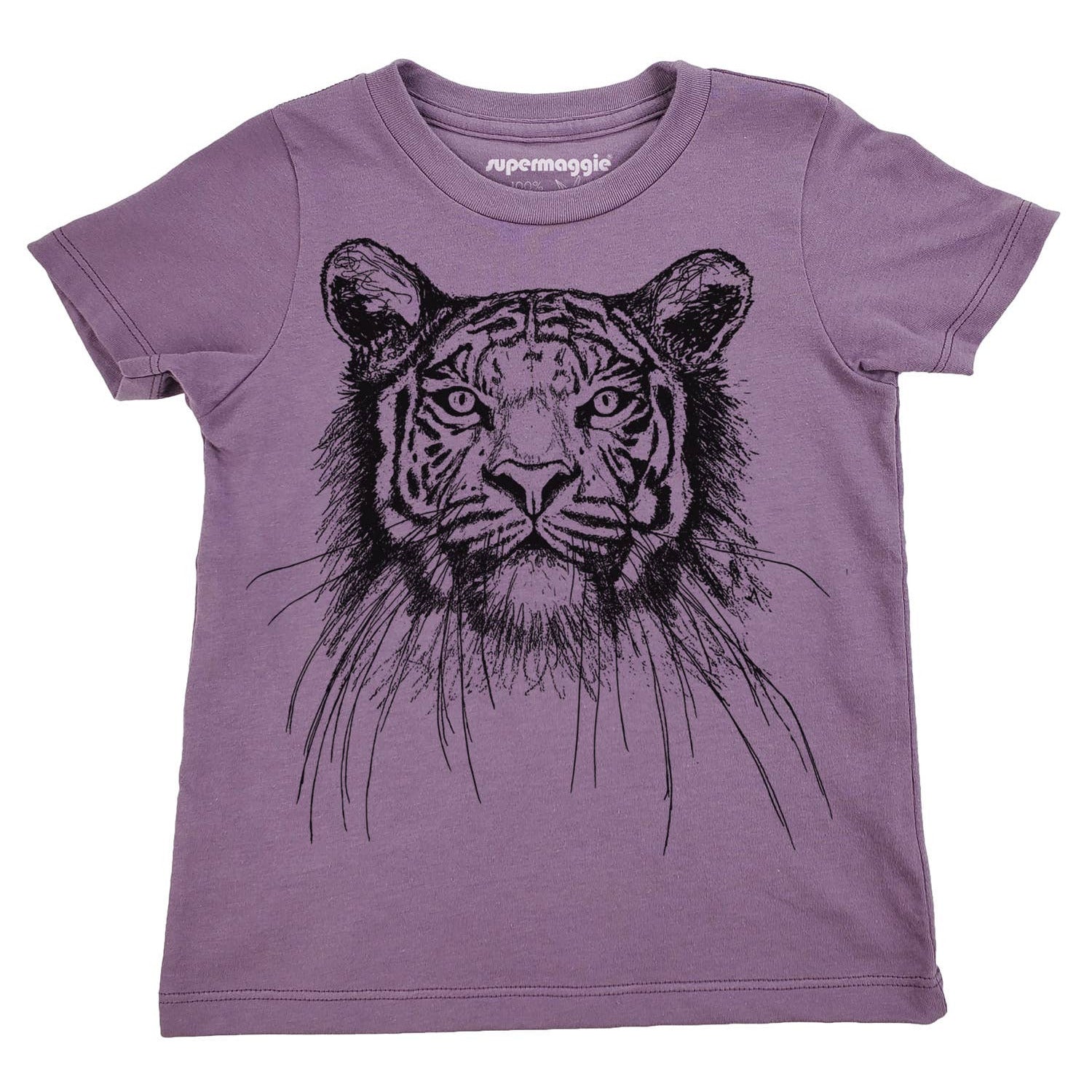 Purple t-shirt with a black tiger graphic on a white background