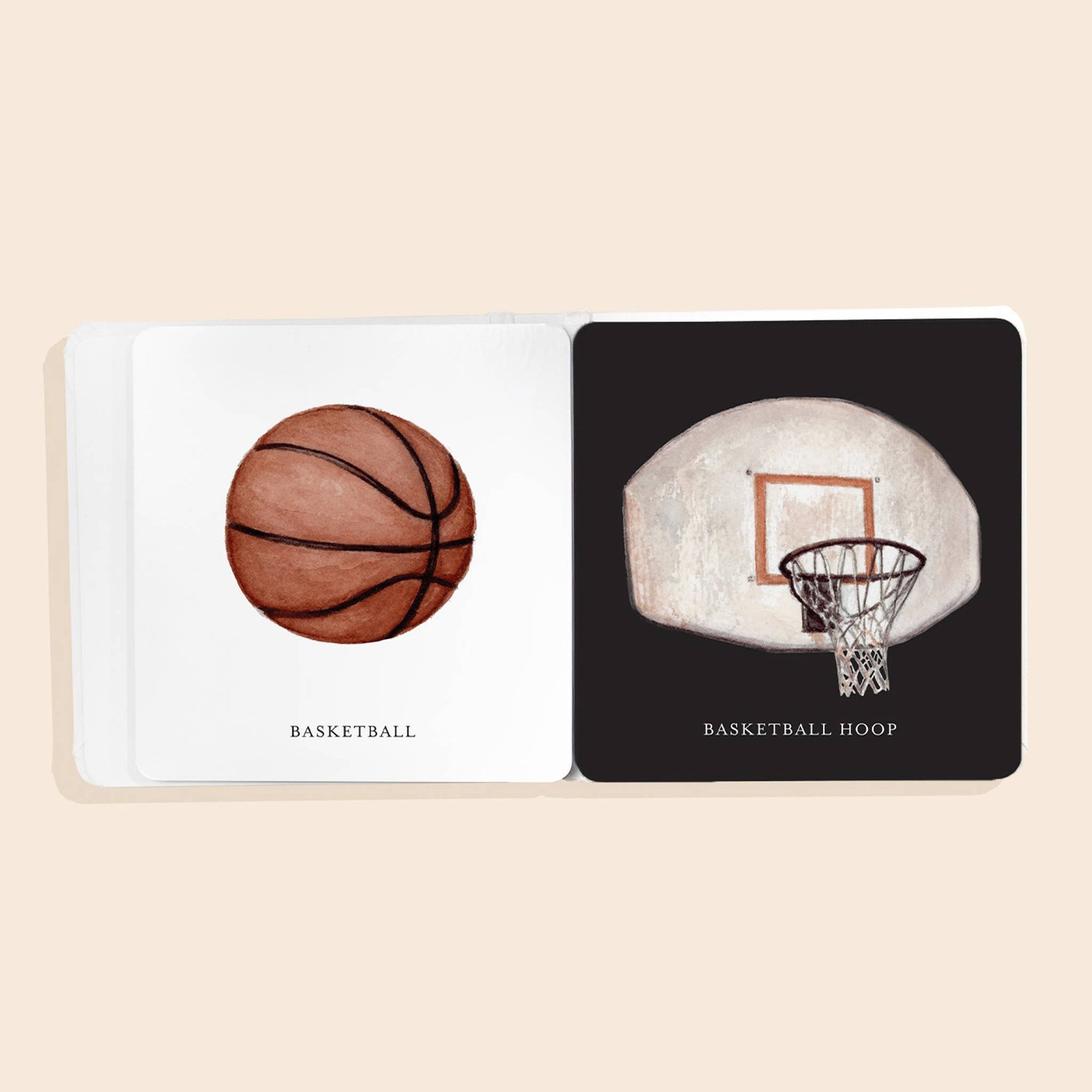 Illustrated book with images of a basketball and a basketball hoop on beige background