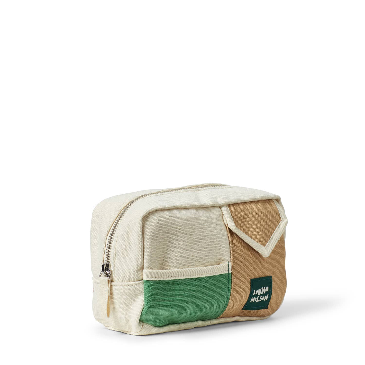 Small rectangular pouch with beige, green, and brown sections on a white background