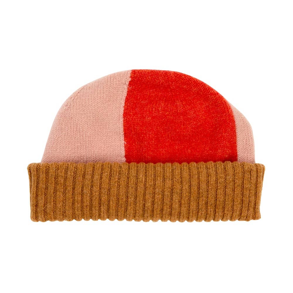 Three-tone beanie with red, pink, and brown colors on a white background